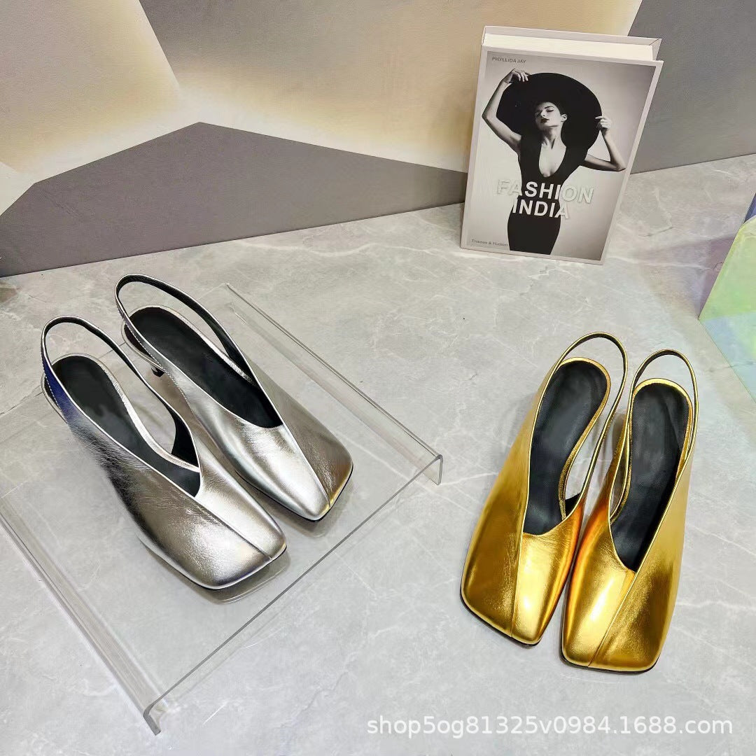 Women's Genuine Leather Square Toe Sandals Sexy Sandals Stiletto Fashion Wedding Party Fairy Shoes