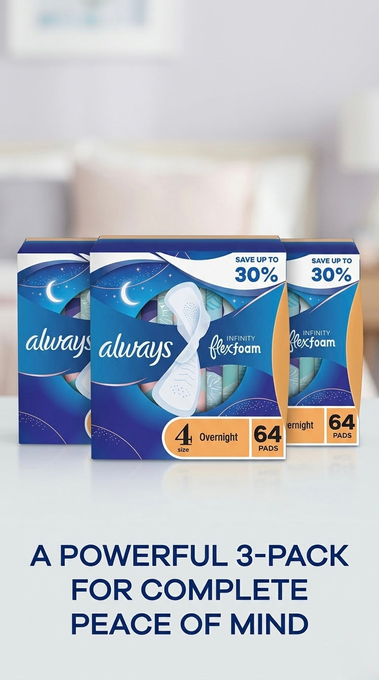 Always Infinity FlexFoam Overnight Pads Size 4 with Wings – 64 Ct