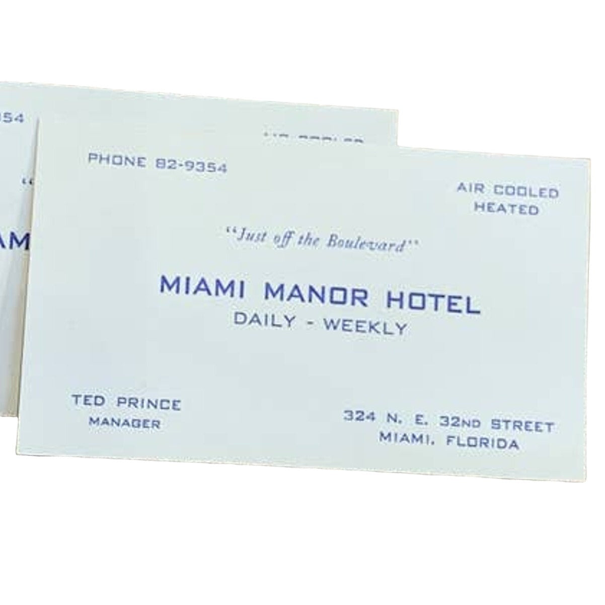 Vintage 1950s Miami Manor Hotel Just Off the Boulevard Manager Business Cards