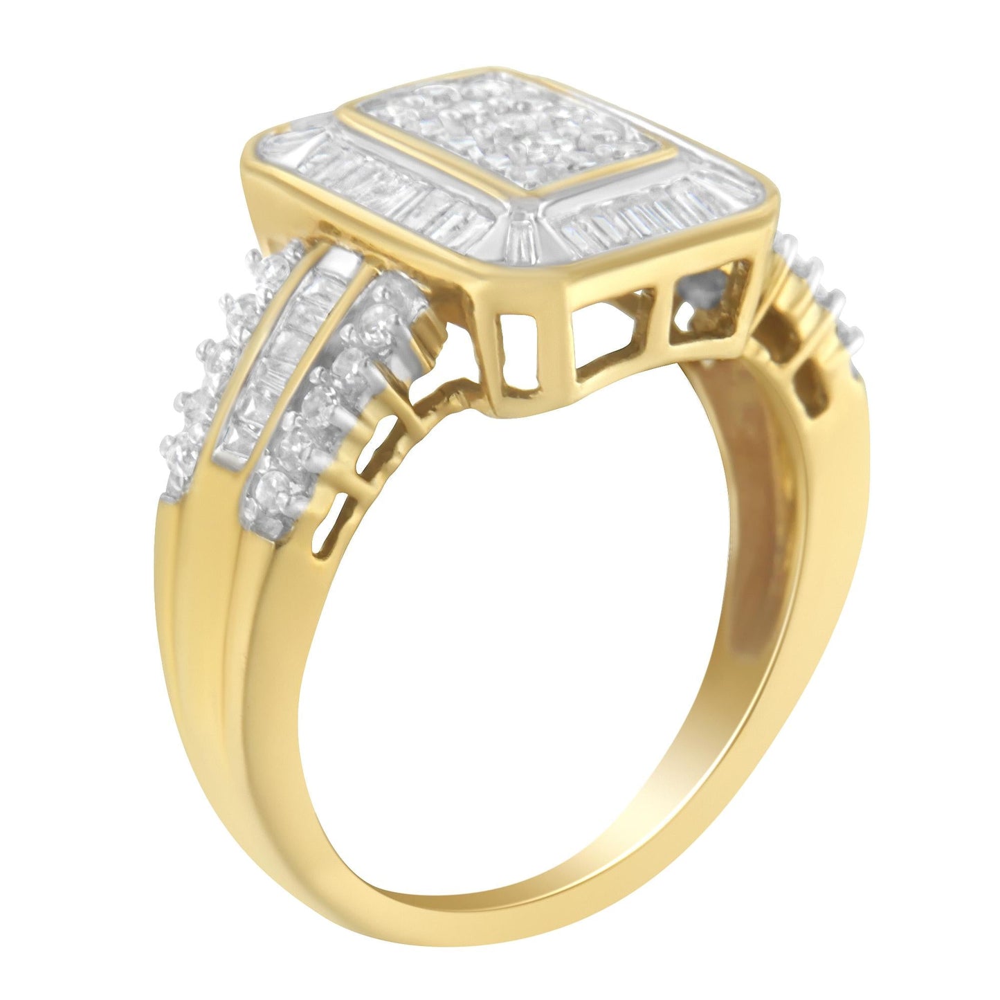 10K Yellow Gold Round and Baguette-Cut Diamond Cluster Ring (1.0 Cttw, I-J Color, SI1-SI2 Clarity)-4