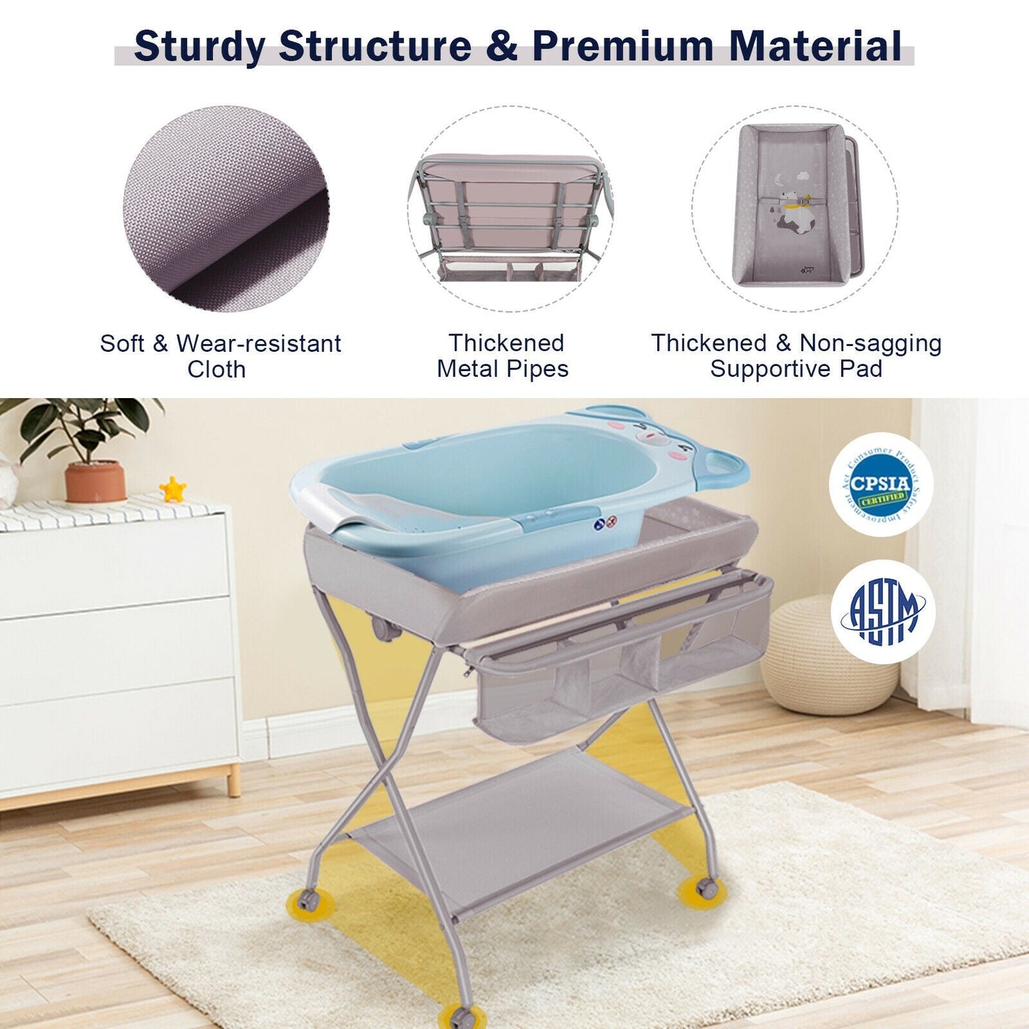 Baby Changing Table with Safety Belt and 4-side Defence-Gray