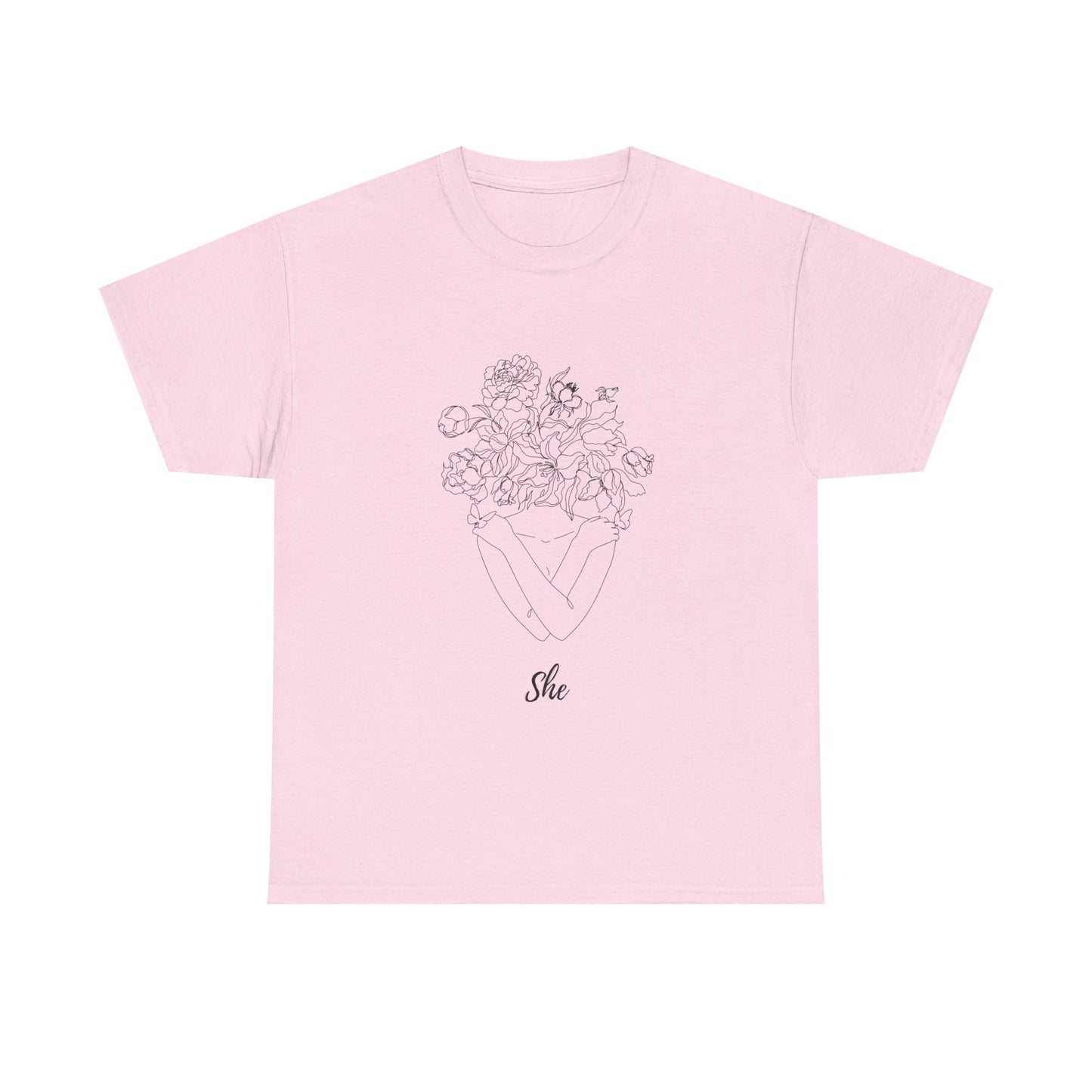 SHE Floral Love Unisex Heavy Cotton Tee, Casual T-Shirt, Gift for Her, Summer Fashion, Relaxed Fit Tee