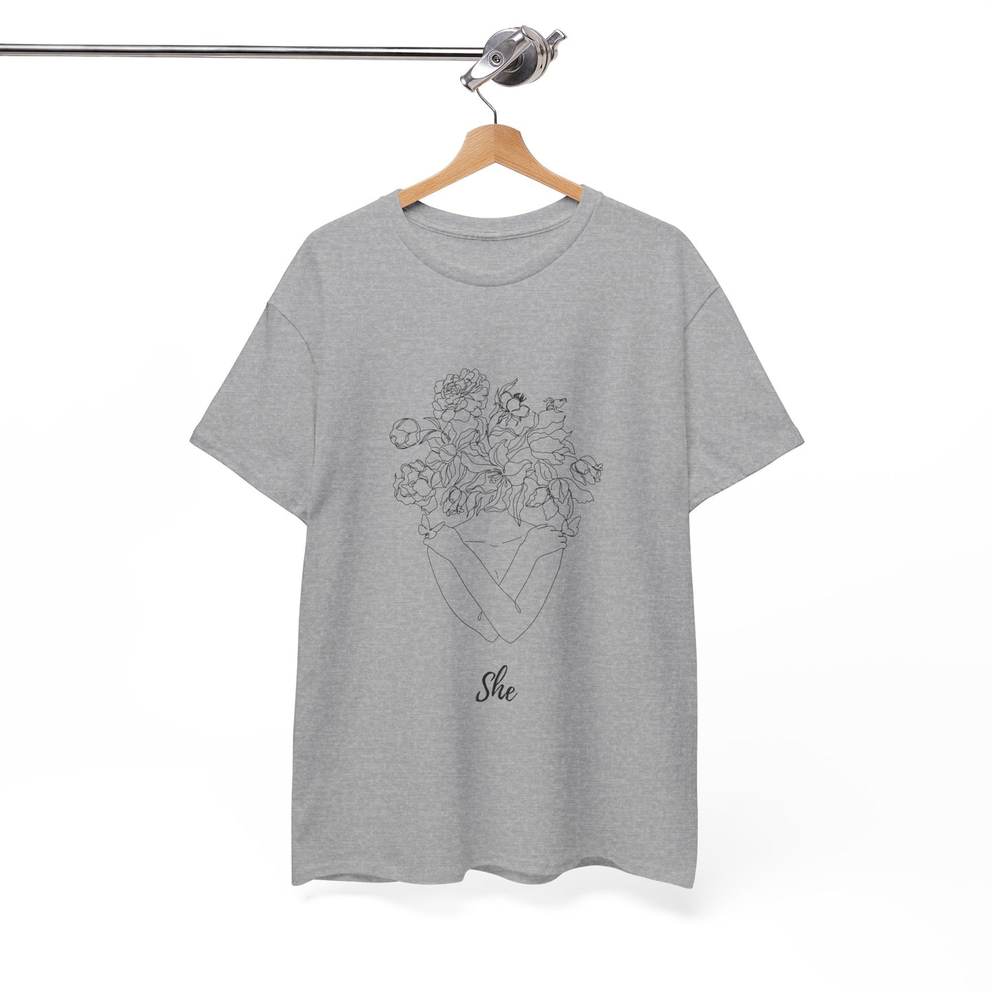 SHE Floral Love Unisex Heavy Cotton Tee, Casual T-Shirt, Gift for Her, Summer Fashion, Relaxed Fit Tee