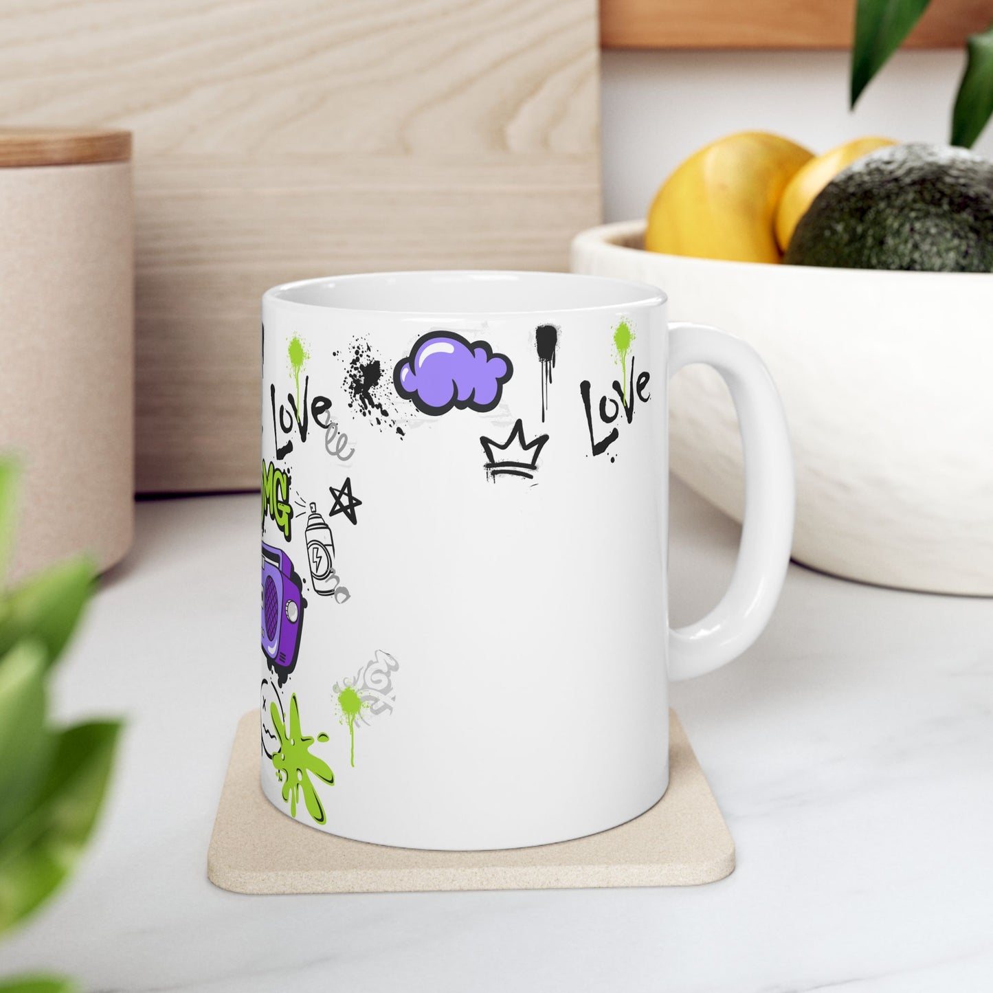 Trendy LOVE Graffiti Ceramic Mug, Unique Gift for Teens, Street Art Coffee Cup, Fun Drinkware for Birthdays, Cool Personalized Cup