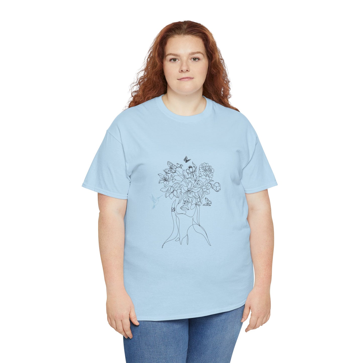 Floral Art Sketch Woman Flowers Hummingbird Unisex Heavy Cotton Tee - Beautiful Gift for Her, Everyday Comfort, Spring Style, Unique Graphic Shirt