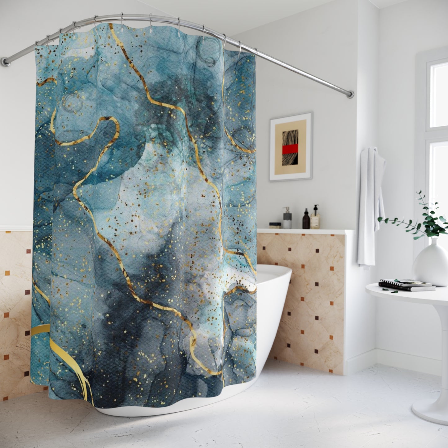Elegant Abstract Shower Curtain, Boho Bathroom Decor, Blue Gold Home Accent, Gift for Her, Spa Vibes, Modern Interior