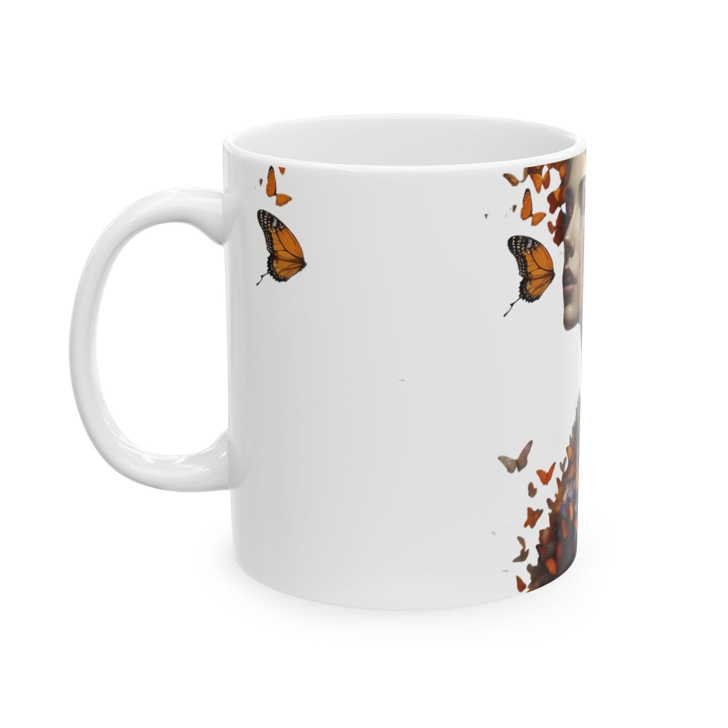 Butterfly Embrace Woman Ceramic Mug | Unique Gift for Nature Lovers, Inspirational Coffee Cup, Home Decor, Animal Art, Beautiful Butterfly Design