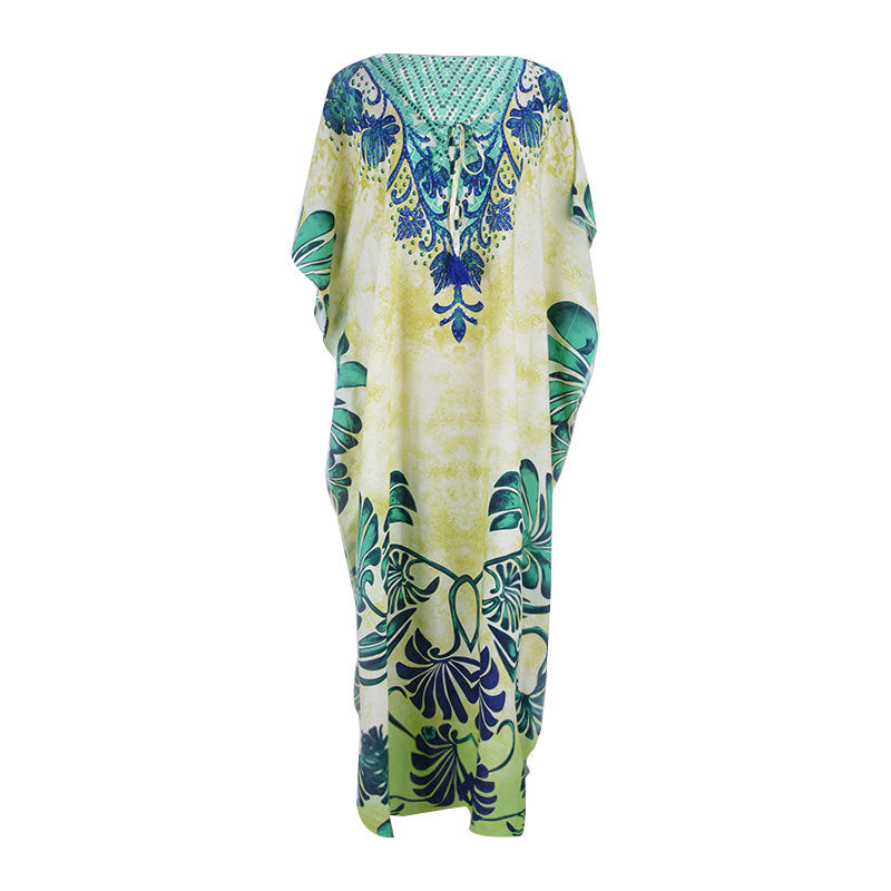 Rayon Positioning Printing Bikini Cover Up Robe Vacation Beach Dress Swimsuit Blouse Women
