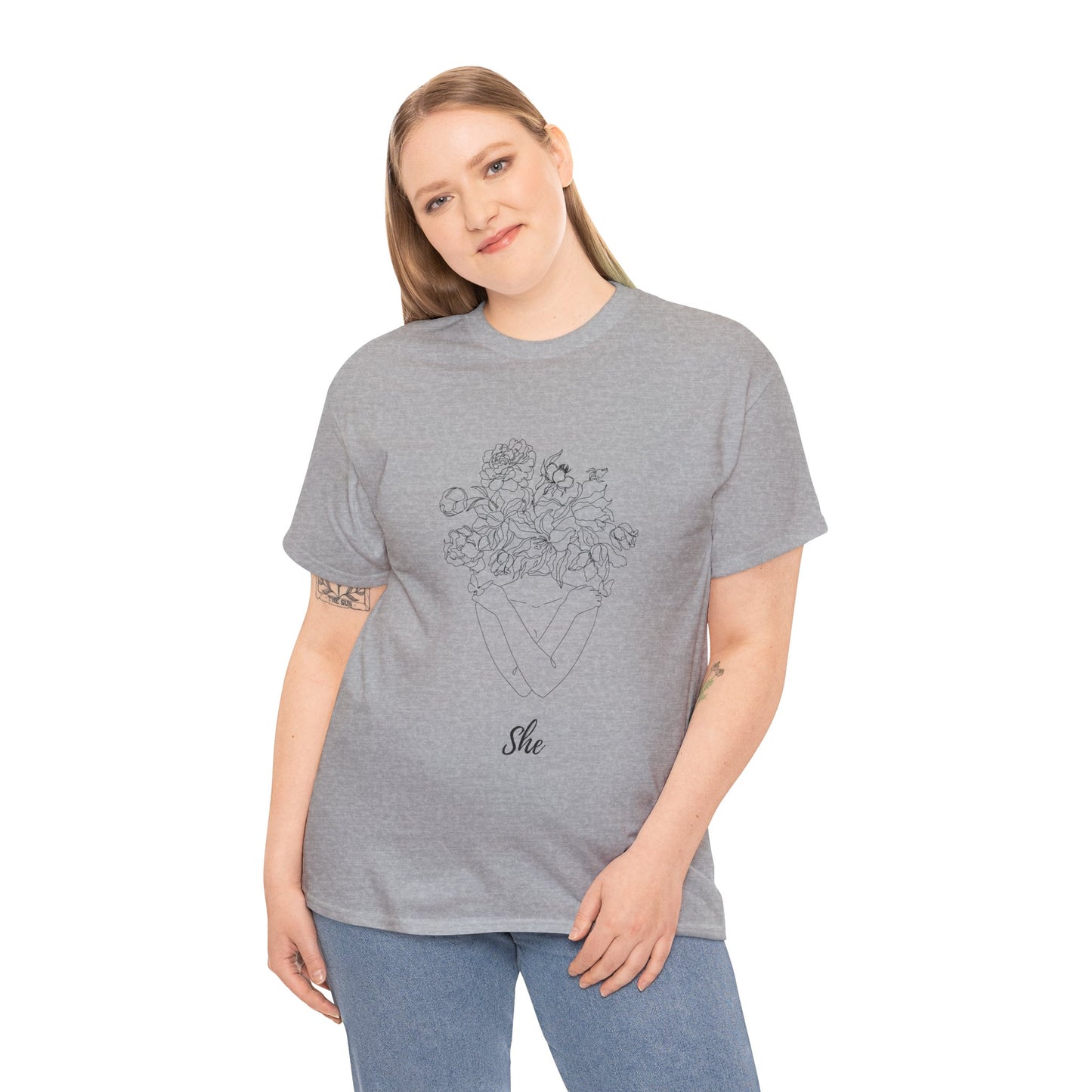 SHE Floral Love Unisex Heavy Cotton Tee, Casual T-Shirt, Gift for Her, Summer Fashion, Relaxed Fit Tee