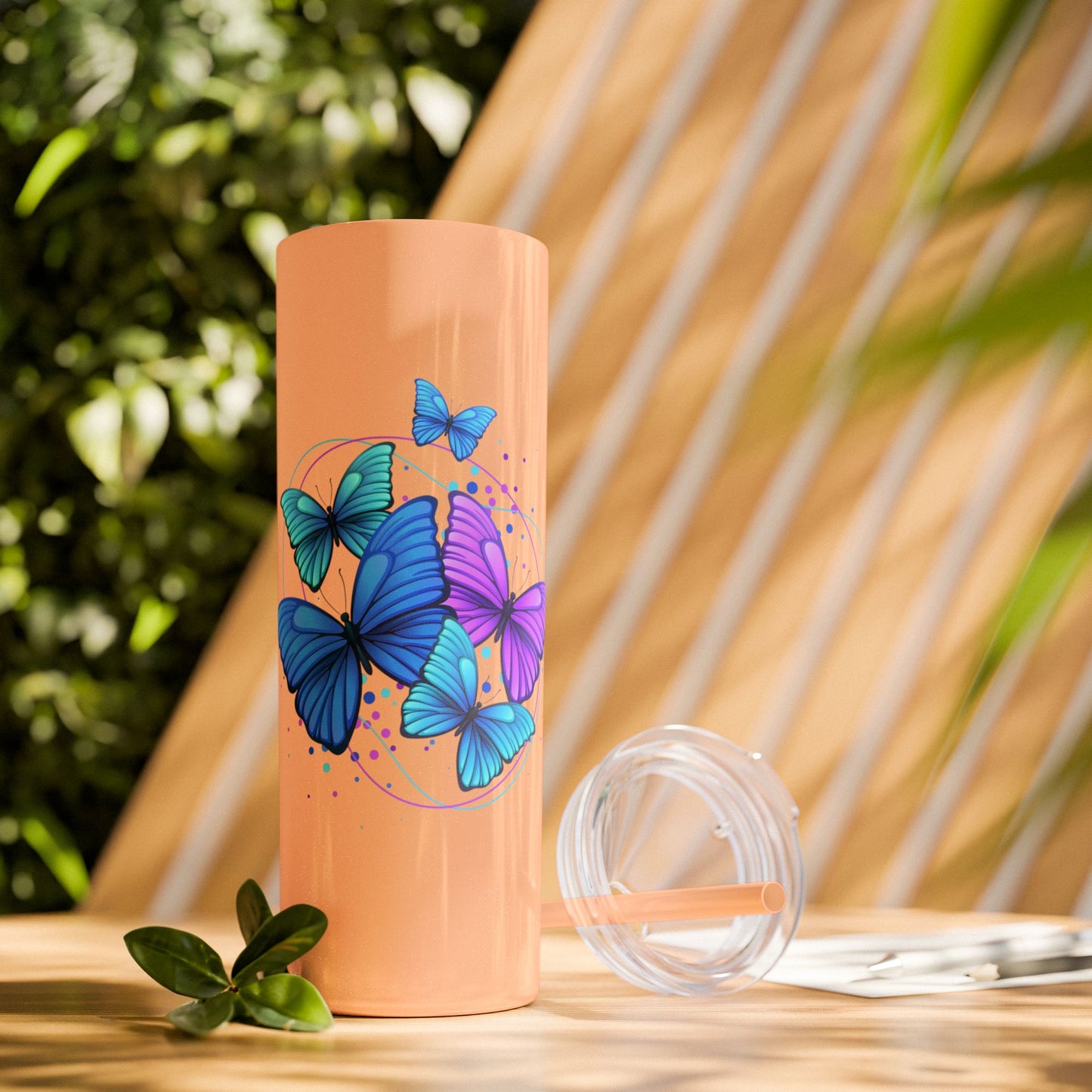 Butterfly Design Skinny Tumbler with Straw - 20oz Travel Mug