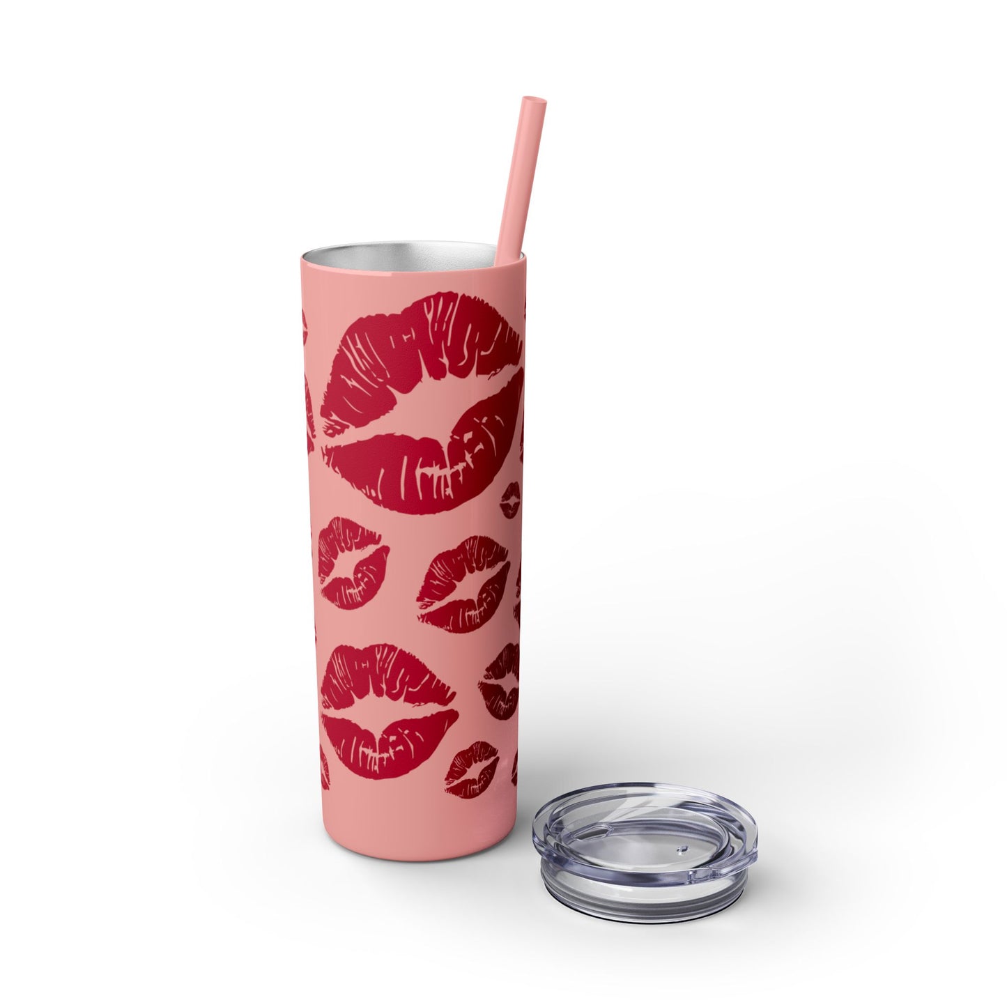 Red Lips Kiss Mark Skinny Tumbler, 20oz | Kiss Print Drinkware | Cute Gift for Her | Travel Mug | Valentine's Day, Wedding Favor