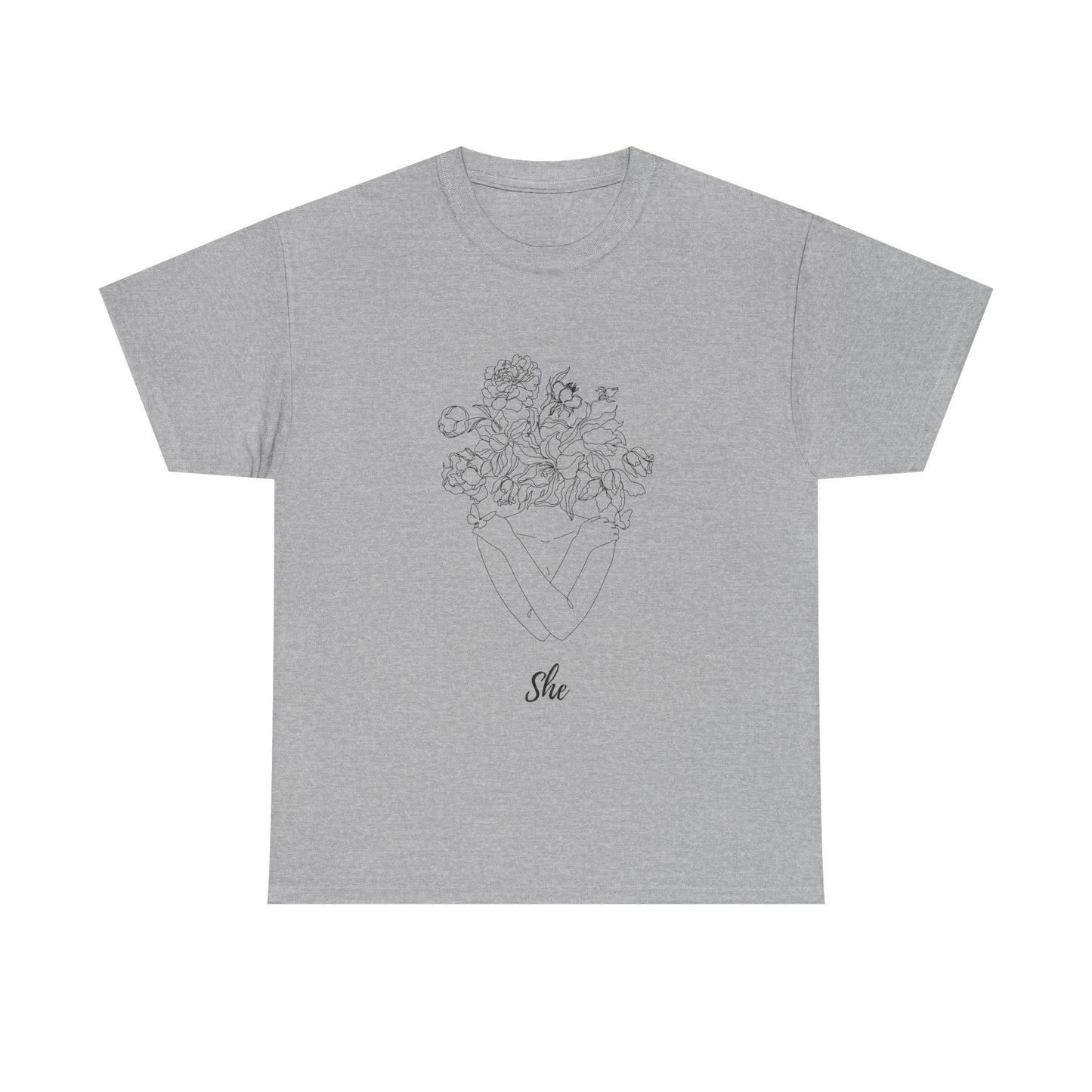 SHE Floral Love Unisex Heavy Cotton Tee, Casual T-Shirt, Gift for Her, Summer Fashion, Relaxed Fit Tee