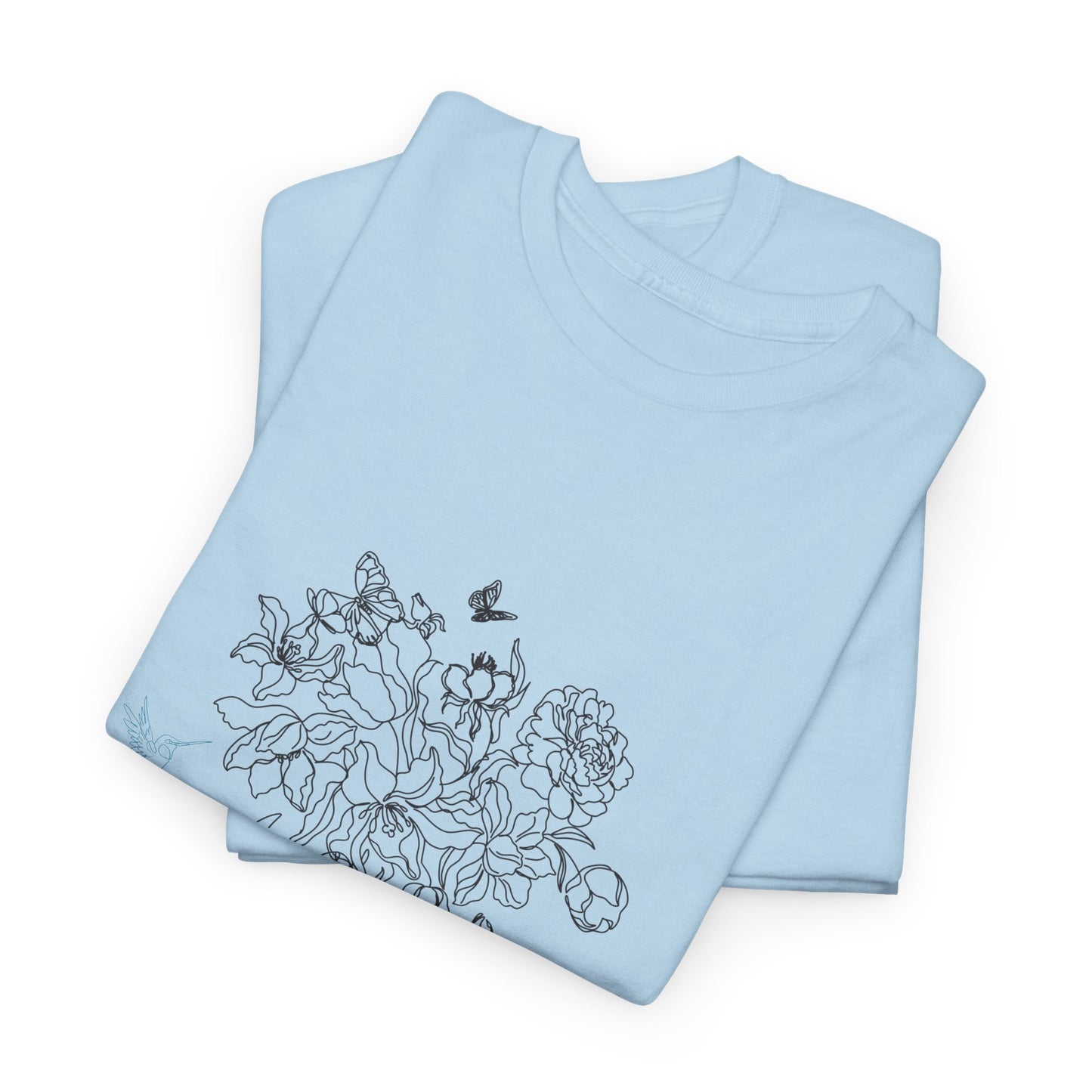 Floral Art Sketch Woman Flowers Hummingbird Unisex Heavy Cotton Tee - Beautiful Gift for Her, Everyday Comfort, Spring Style, Unique Graphic Shirt