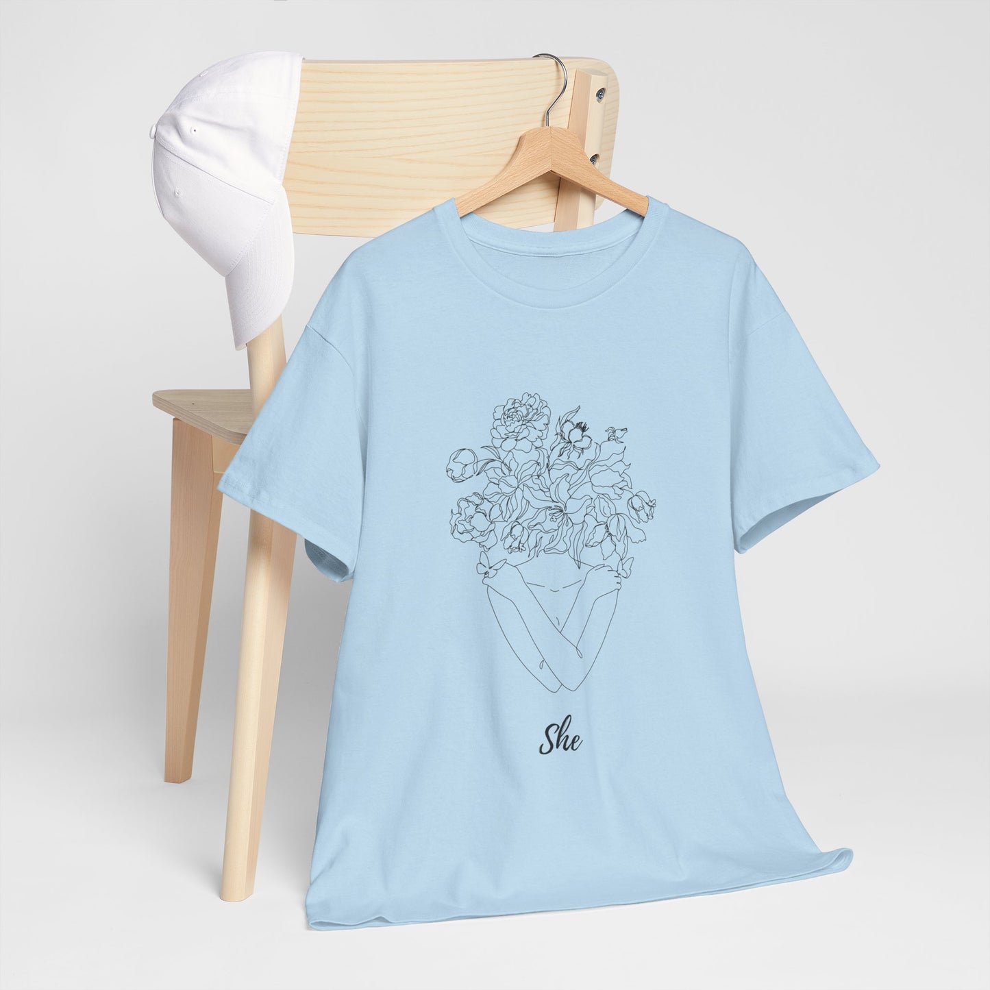 SHE Floral Love Unisex Heavy Cotton Tee, Casual T-Shirt, Gift for Her, Summer Fashion, Relaxed Fit Tee