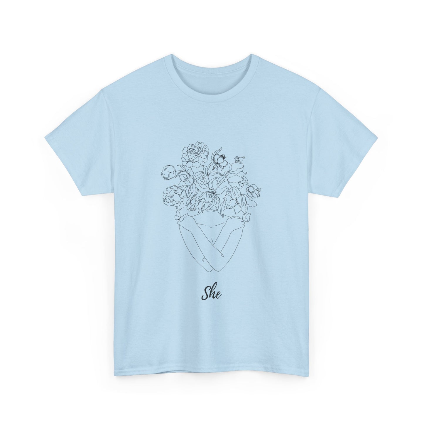 SHE Floral Love Unisex Heavy Cotton Tee, Casual T-Shirt, Gift for Her, Summer Fashion, Relaxed Fit Tee