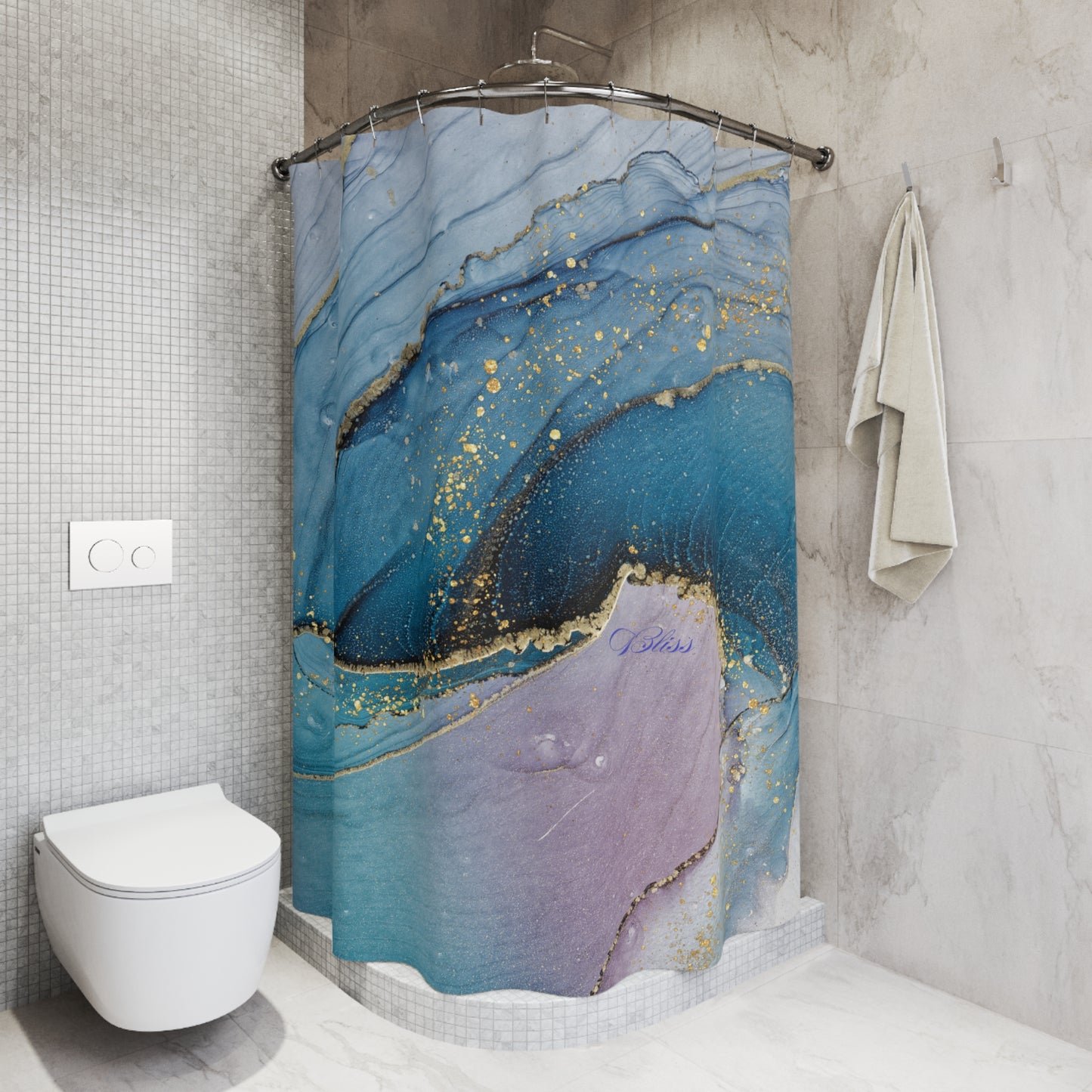 Elegant Abstract Shower Curtain with Gold Accents, Luxurious Bathroom Decor, Modern Coastal Theme, Gift for Homeowners