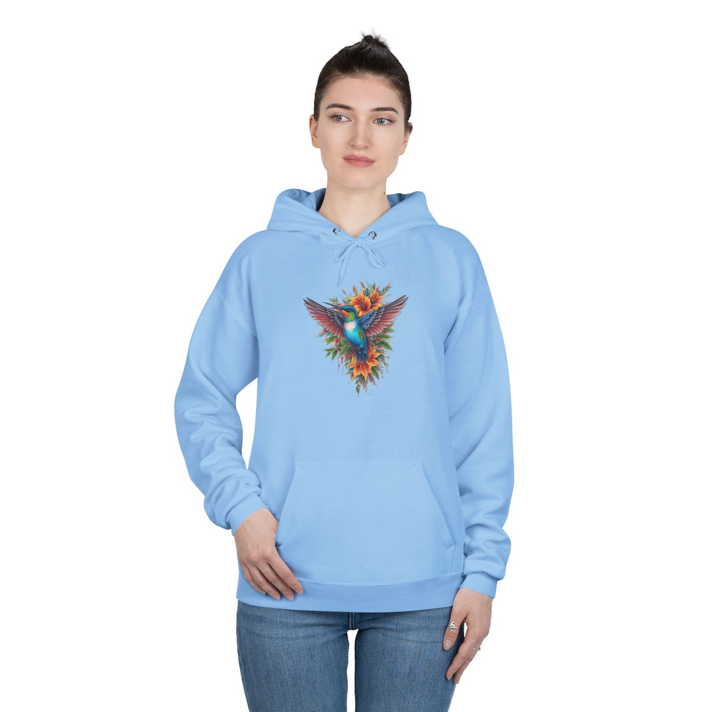 Vibrant Hummingbird Hoodie, Eco-Friendly Pullover, Perfect Gift for Nature Lovers, Spring Fashion, Unique Floral Design