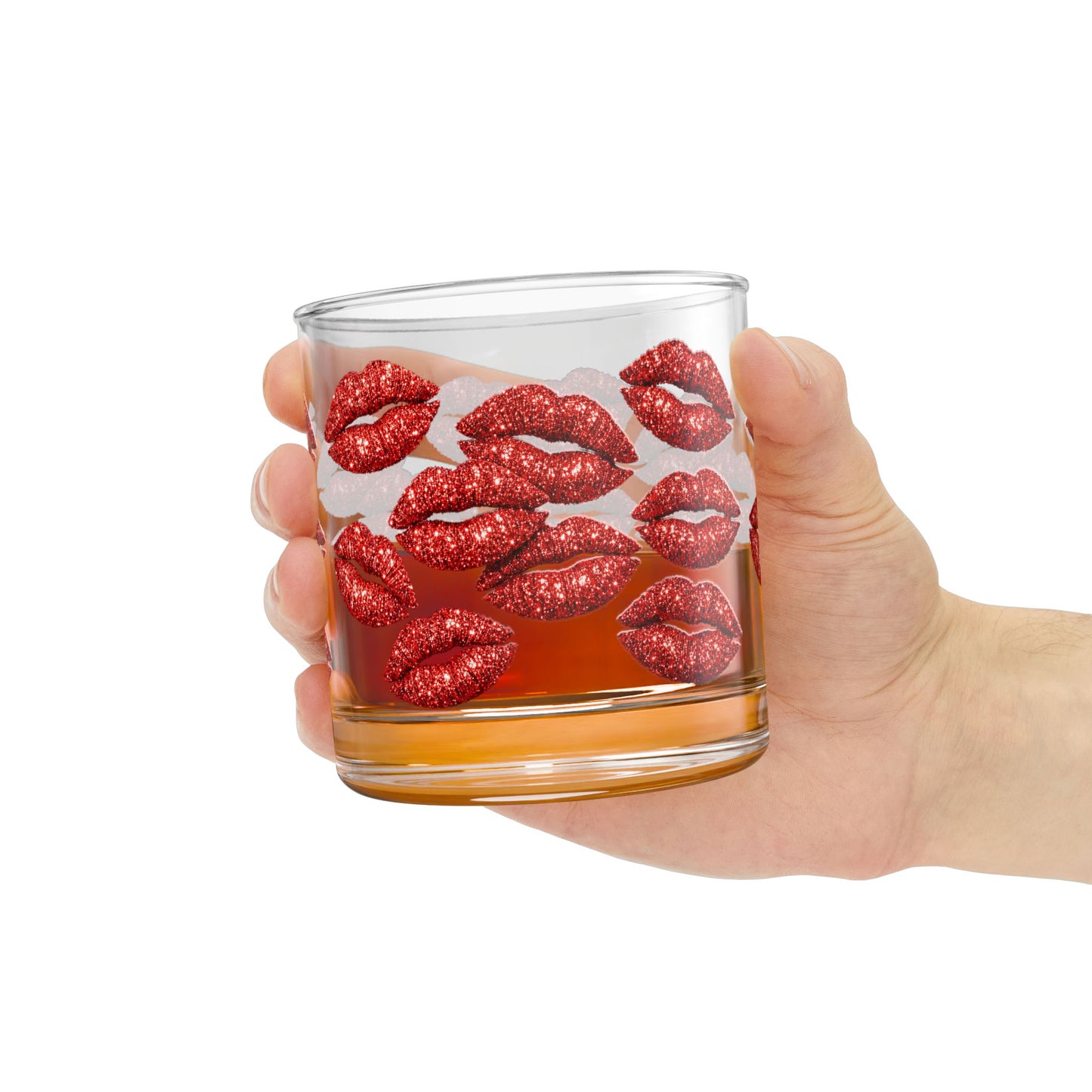 Red Lipstick Kiss Pattern Rocks Glass 10oz Glitter Lip Print