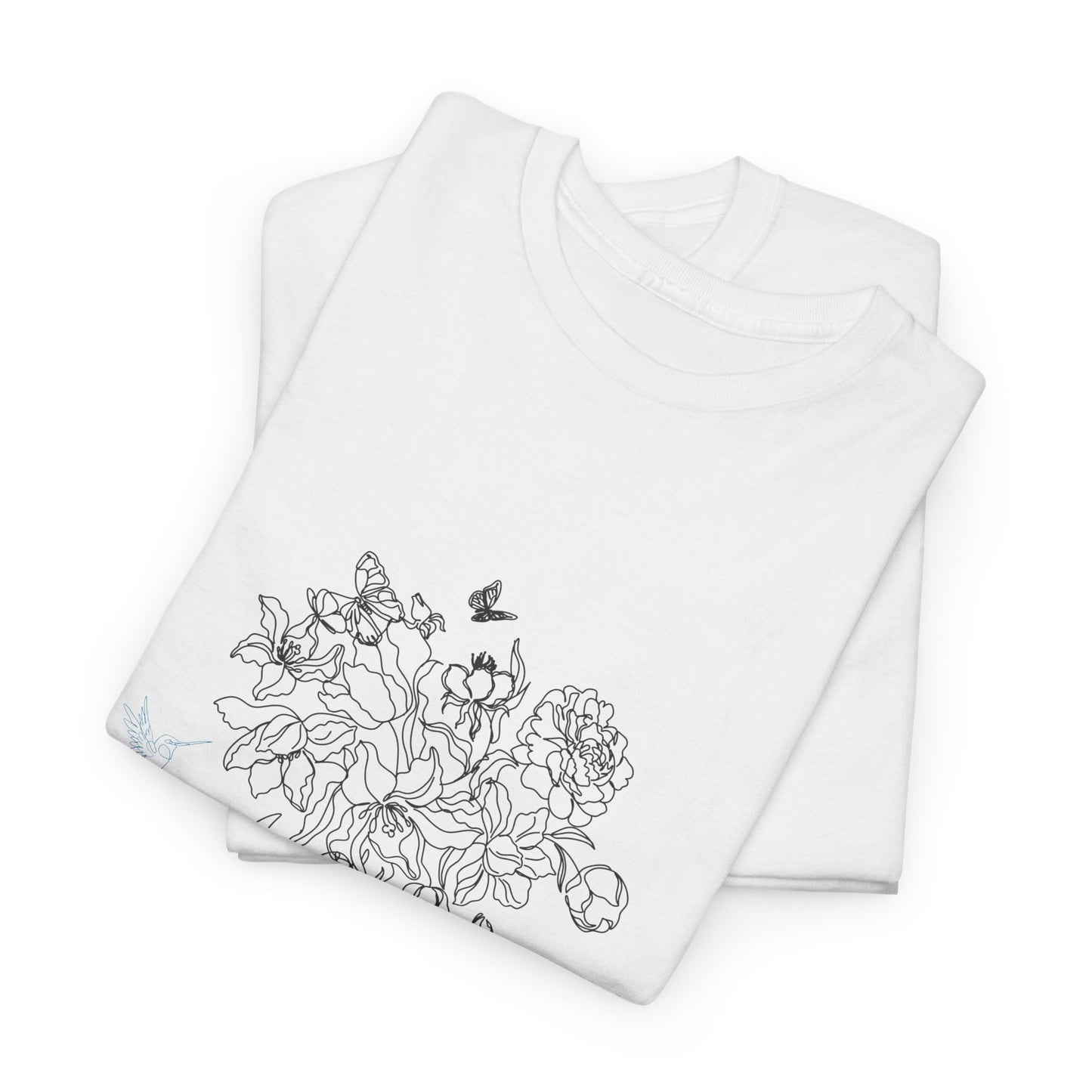 Floral Art Sketch Woman Flowers Hummingbird Unisex Heavy Cotton Tee - Beautiful Gift for Her, Everyday Comfort, Spring Style, Unique Graphic Shirt