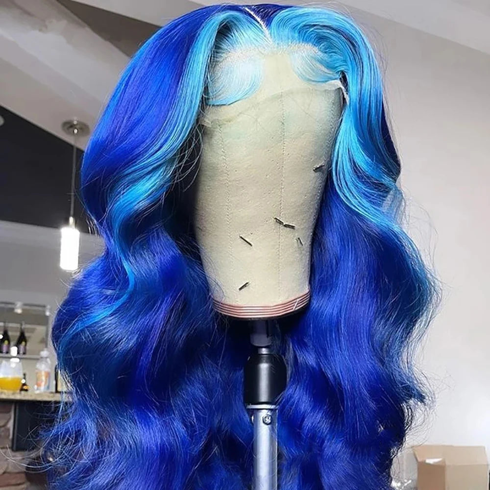 Blue wig on a mannequin head against a neutral background 13x4 Lace Front Wig Blue Body Wave Wig Natural Highlight Blue Streak Wave Wigs for Womenen Synthetic Glueless Wigs Daily