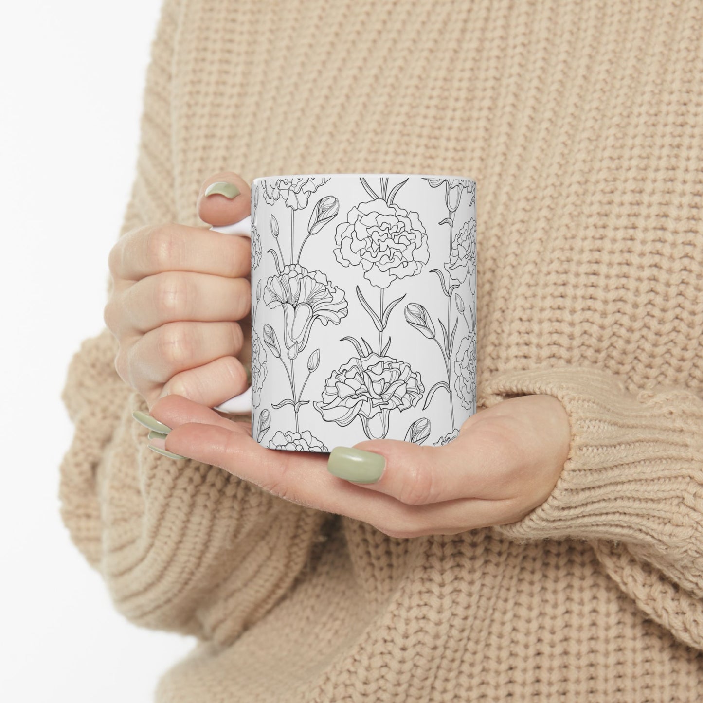 Floral Elegance Ceramic Mug, 11oz, 15oz, Gift for Her, Home Decor, Mother's Day, Coffee Lover, Minimalist Style