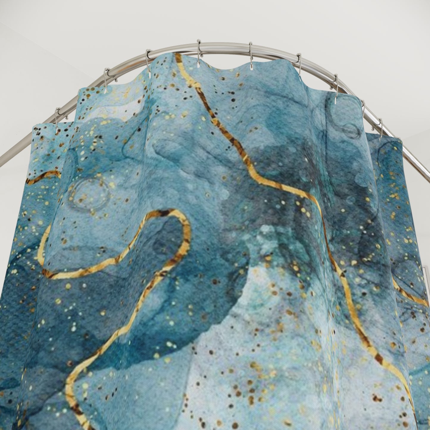 Elegant Abstract Shower Curtain, Boho Bathroom Decor, Blue Gold Home Accent, Gift for Her, Spa Vibes, Modern Interior