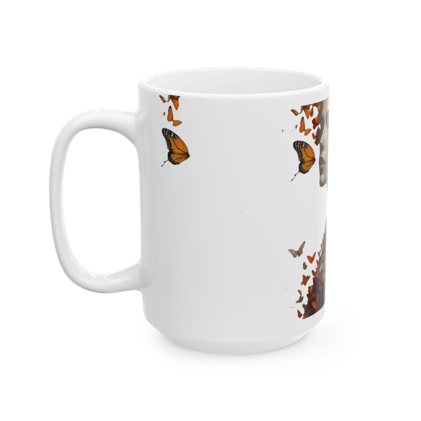 Butterfly Embrace Woman Ceramic Mug | Unique Gift for Nature Lovers, Inspirational Coffee Cup, Home Decor, Animal Art, Beautiful Butterfly Design
