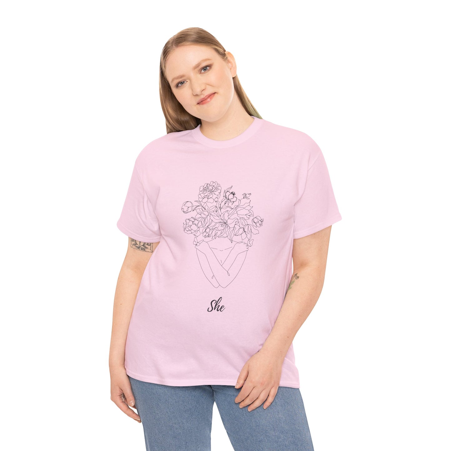 SHE Floral Love Unisex Heavy Cotton Tee, Casual T-Shirt, Gift for Her, Summer Fashion, Relaxed Fit Tee