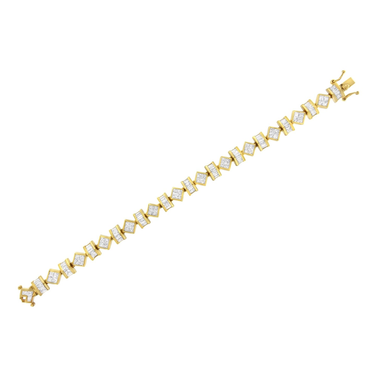 14K Yellow Gold Princess & Baguette Diamond Modern Link Bracelet, 7.50 Carat Total Weight Natural Diamonds, Luxury Fine Jewelry, High-Value Investment Bracelet, 7.5 Inch Designer Gold Diamond Bracelet for Women, Elegant Anniversary, Wedding & Special Occasion Gift. G-H Color, VS1-VS2 Clarity