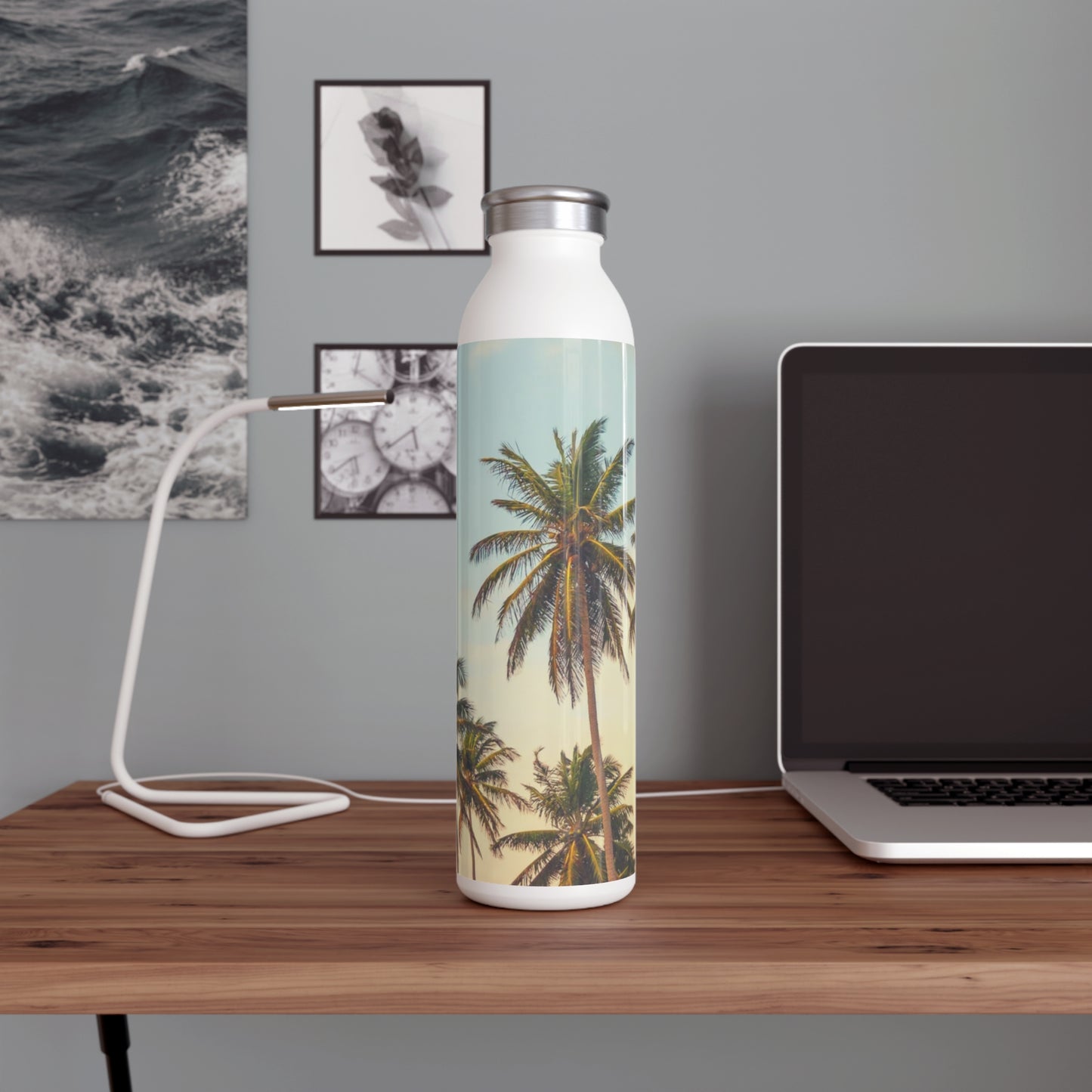 CALIFORNIA PALM TREES Tropical Sunset Slim Water Bottle, Eco-Friendly Drinkware, Summer Hydration, Beach Vibes, Travel Accessory, Gift for Nature Lovers