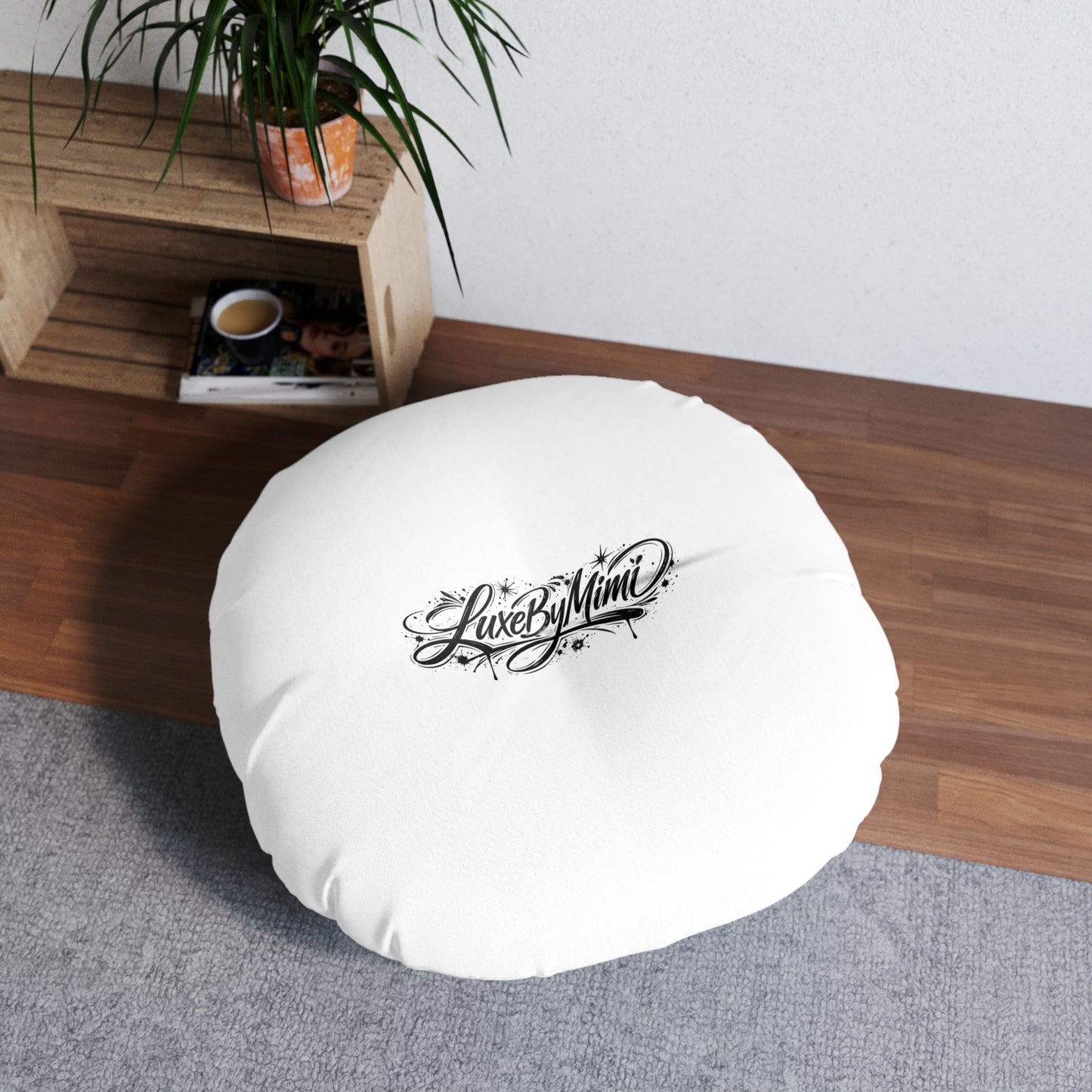 LuxeByMimi Round Tufted Floor Pillow — 'Live By Mimi' Script Accent, Cozy Boho Seating