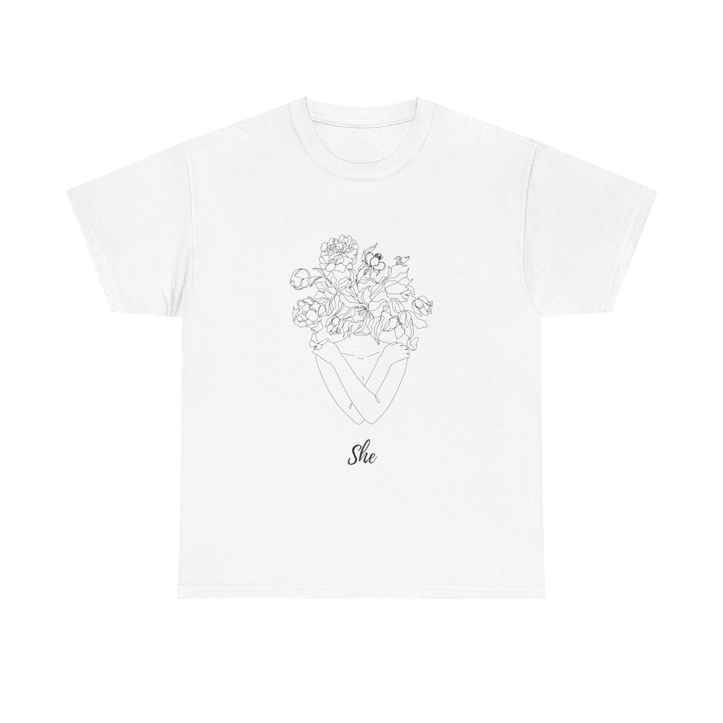 SHE Floral Love Unisex Heavy Cotton Tee, Casual T-Shirt, Gift for Her, Summer Fashion, Relaxed Fit Tee