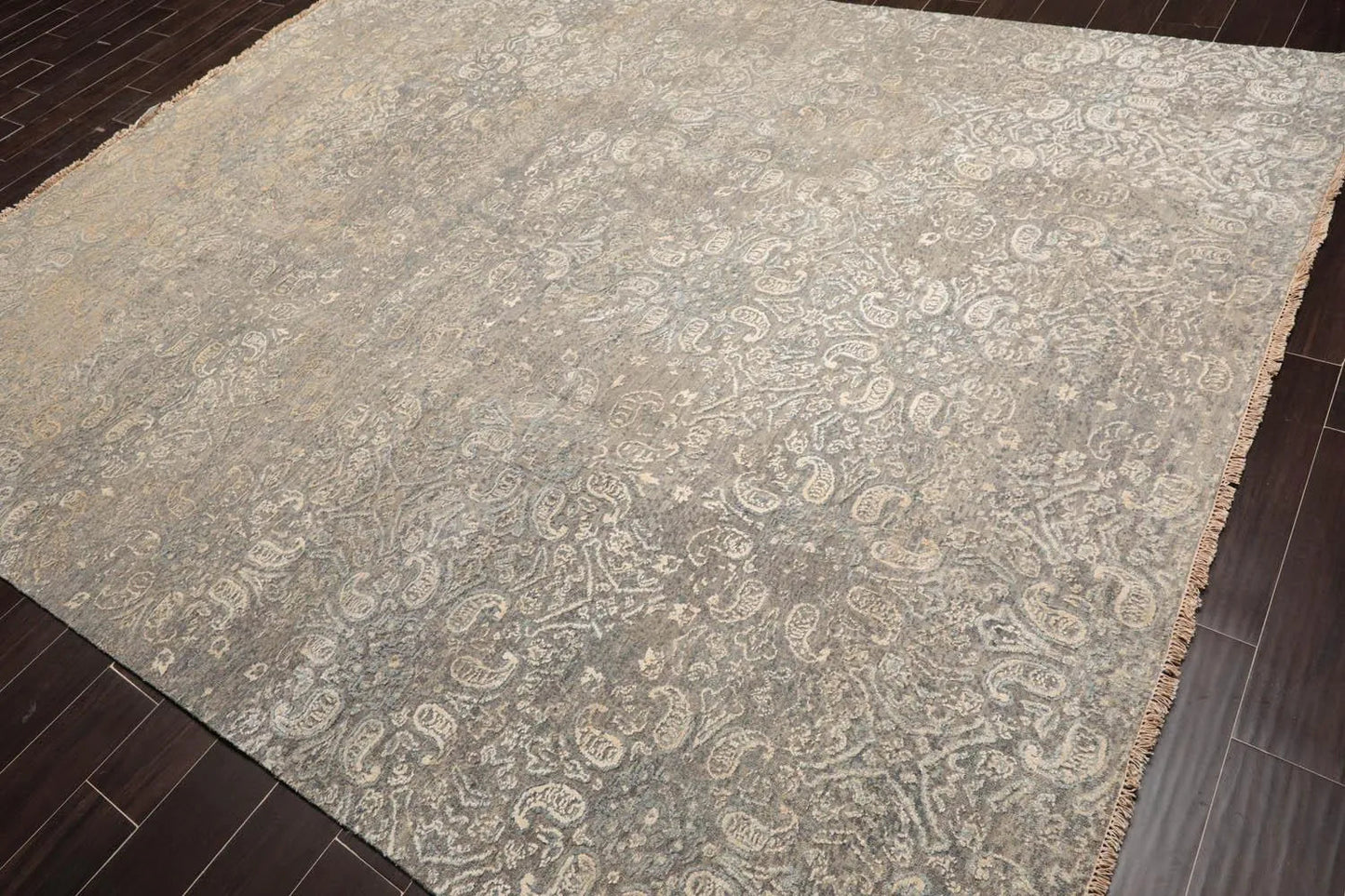 Tibetan 8'x10' Hand Knotted Wool & Silk Contemporary Sherpa Area Rug Gray, Beige-0