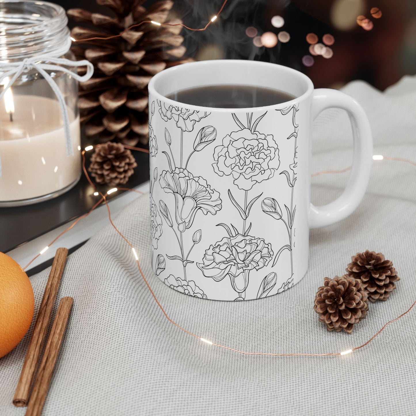 Floral Elegance Ceramic Mug, 11oz, 15oz, Gift for Her, Home Decor, Mother's Day, Coffee Lover, Minimalist Style
