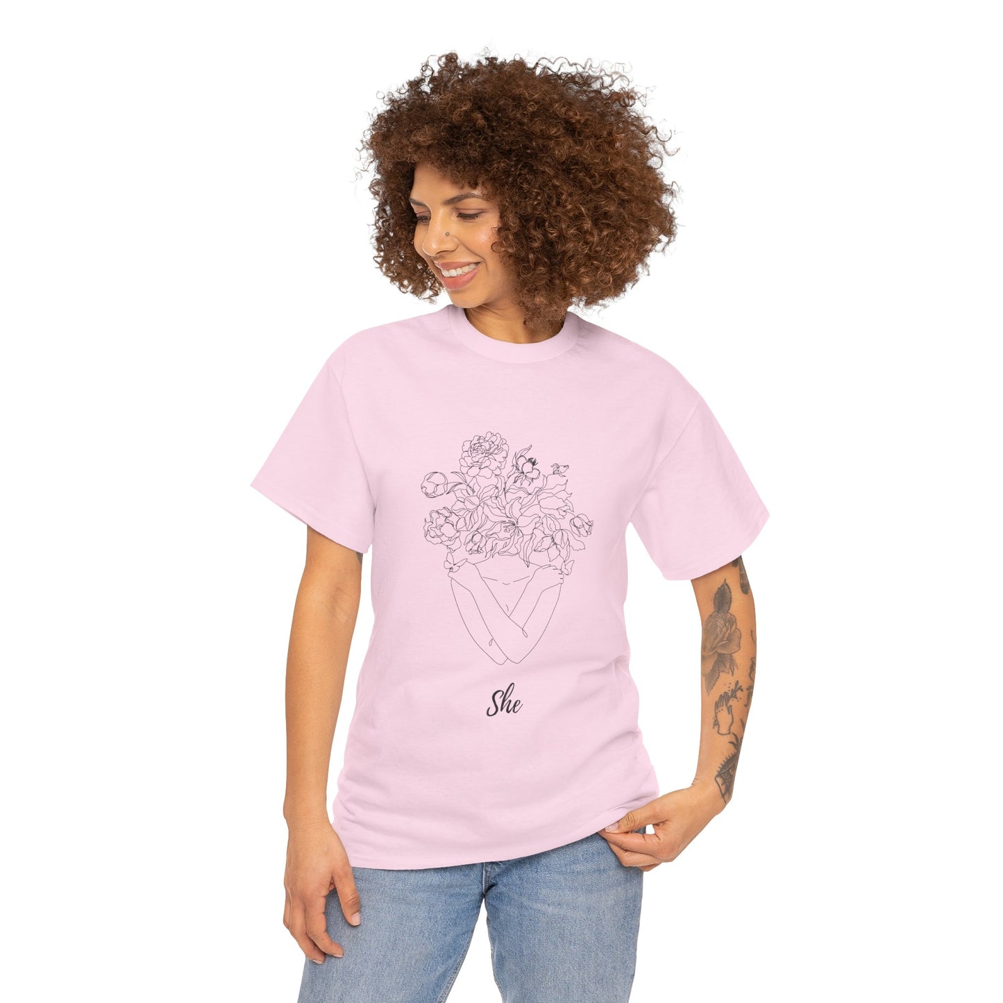 SHE Floral Love Unisex Heavy Cotton Tee, Casual T-Shirt, Gift for Her, Summer Fashion, Relaxed Fit Tee