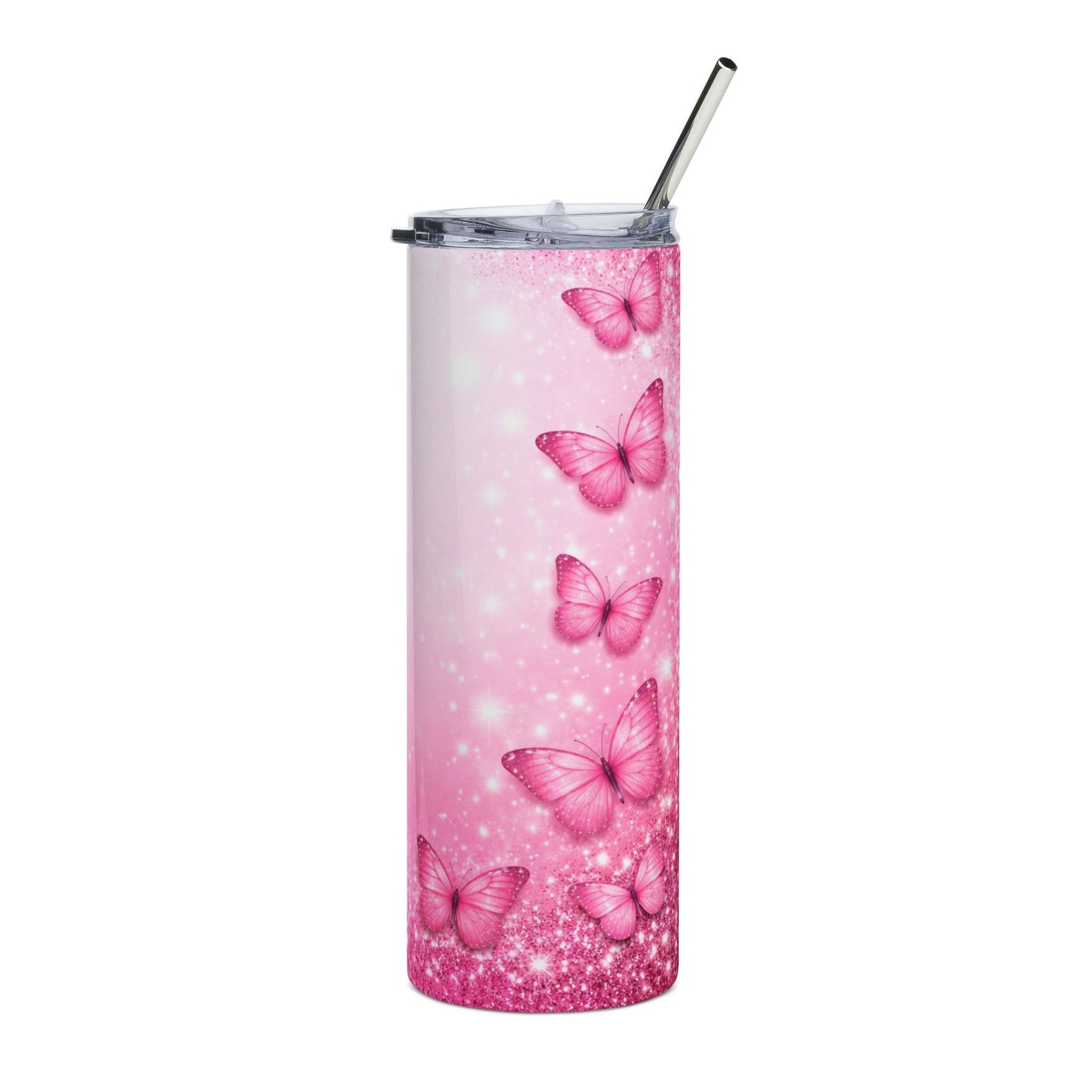 Pink Butterfly 20oz Stainless Tumbler — Sparkle Ombre Travel Cup