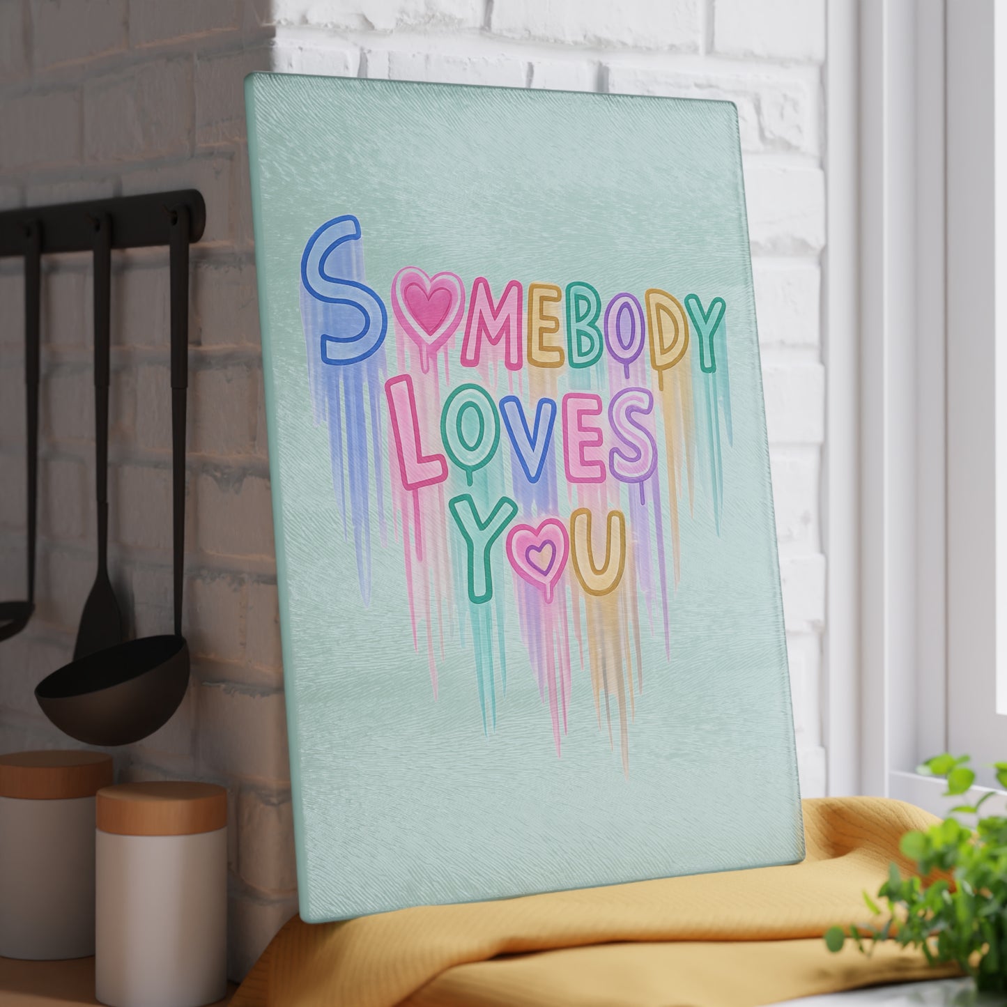 Somebody Loves You Glass Cutting Board — Pastel Rainbow Heart Kitchen Gift