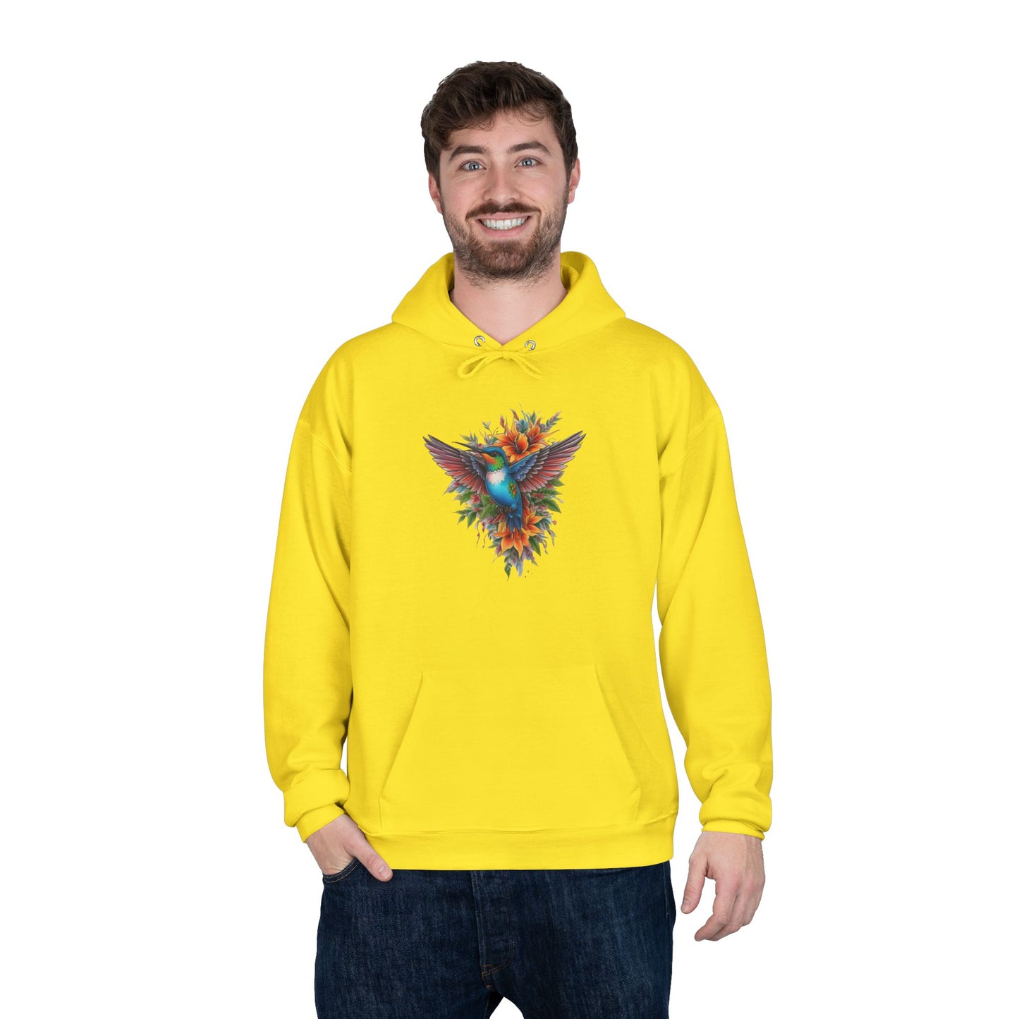 Vibrant Hummingbird Hoodie, Eco-Friendly Pullover, Perfect Gift for Nature Lovers, Spring Fashion, Unique Floral Design