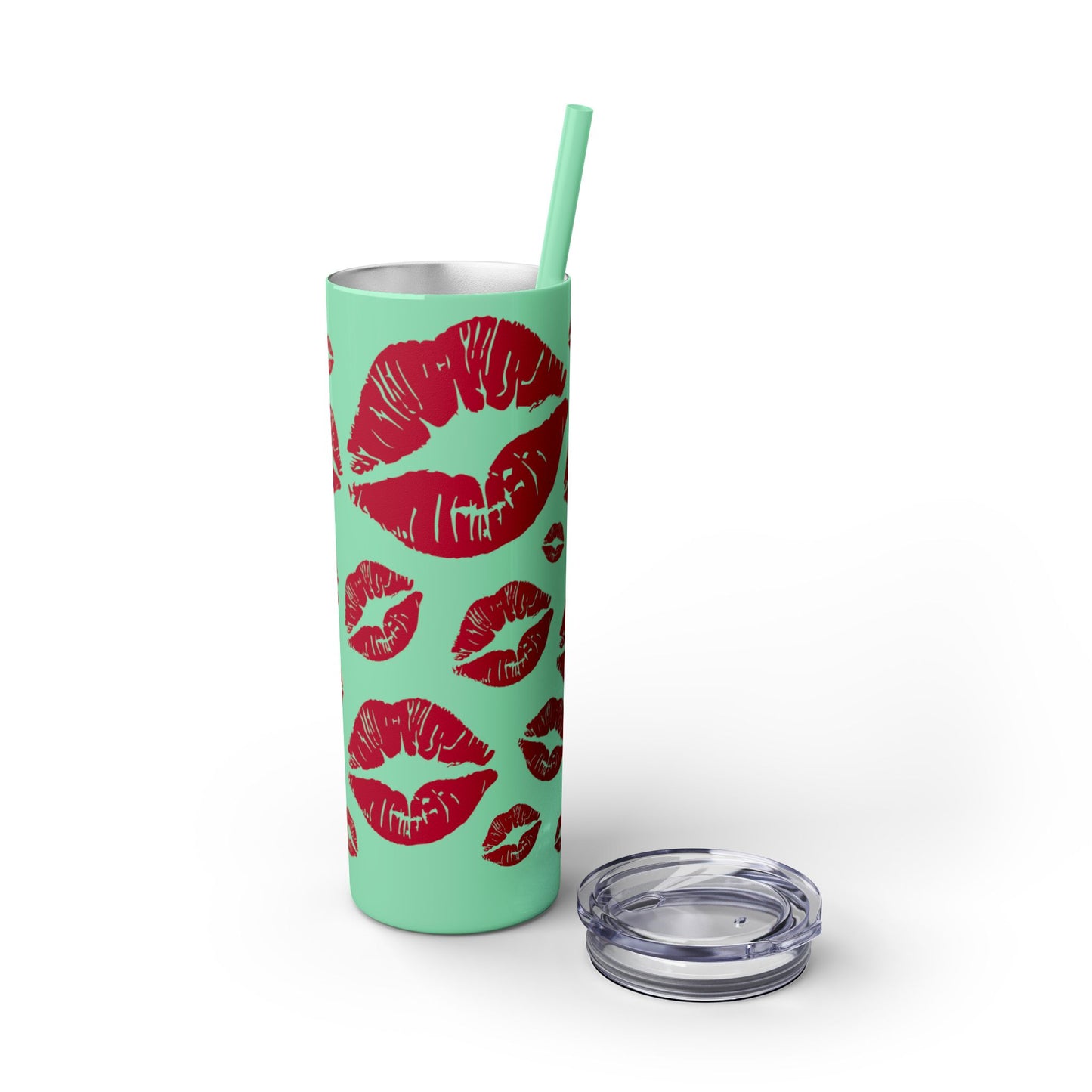Red Lips Kiss Mark Skinny Tumbler, 20oz | Kiss Print Drinkware | Cute Gift for Her | Travel Mug | Valentine's Day, Wedding Favor