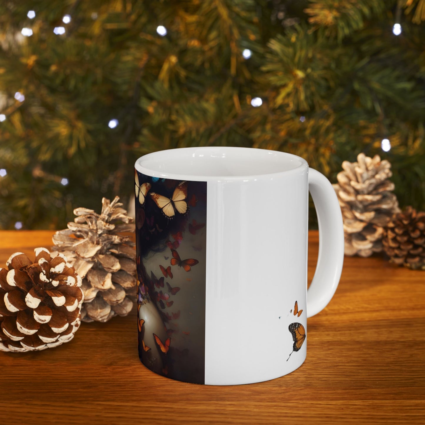 Butterfly Embrace Woman Ceramic Mug | Unique Gift for Nature Lovers, Inspirational Coffee Cup, Home Decor, Animal Art, Beautiful Butterfly Design