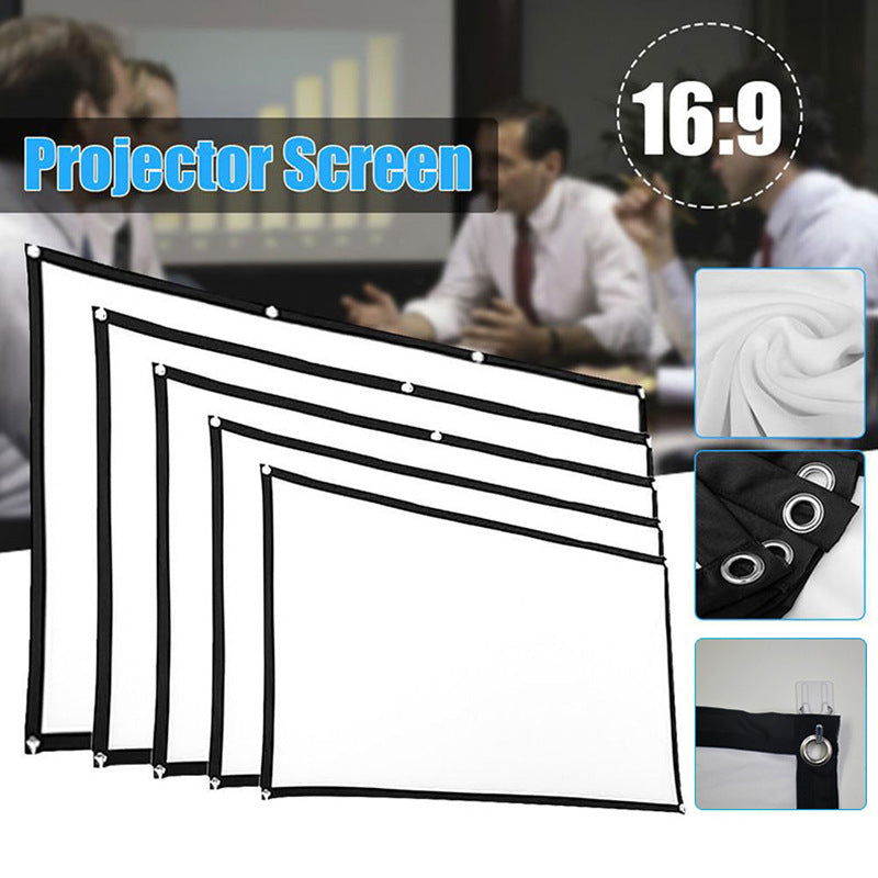 Projector screen with features and usage scenario in a meeting room.