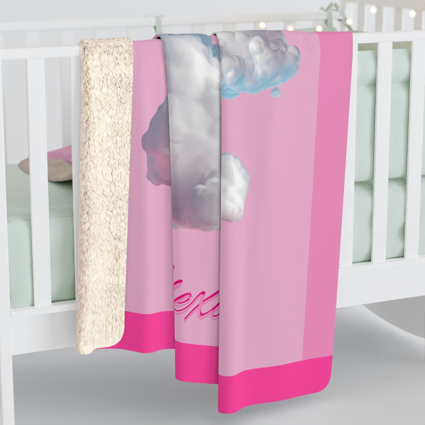 Personalized Cloud Name Sherpa Blanket - Pink Clouds, Cozy Throw