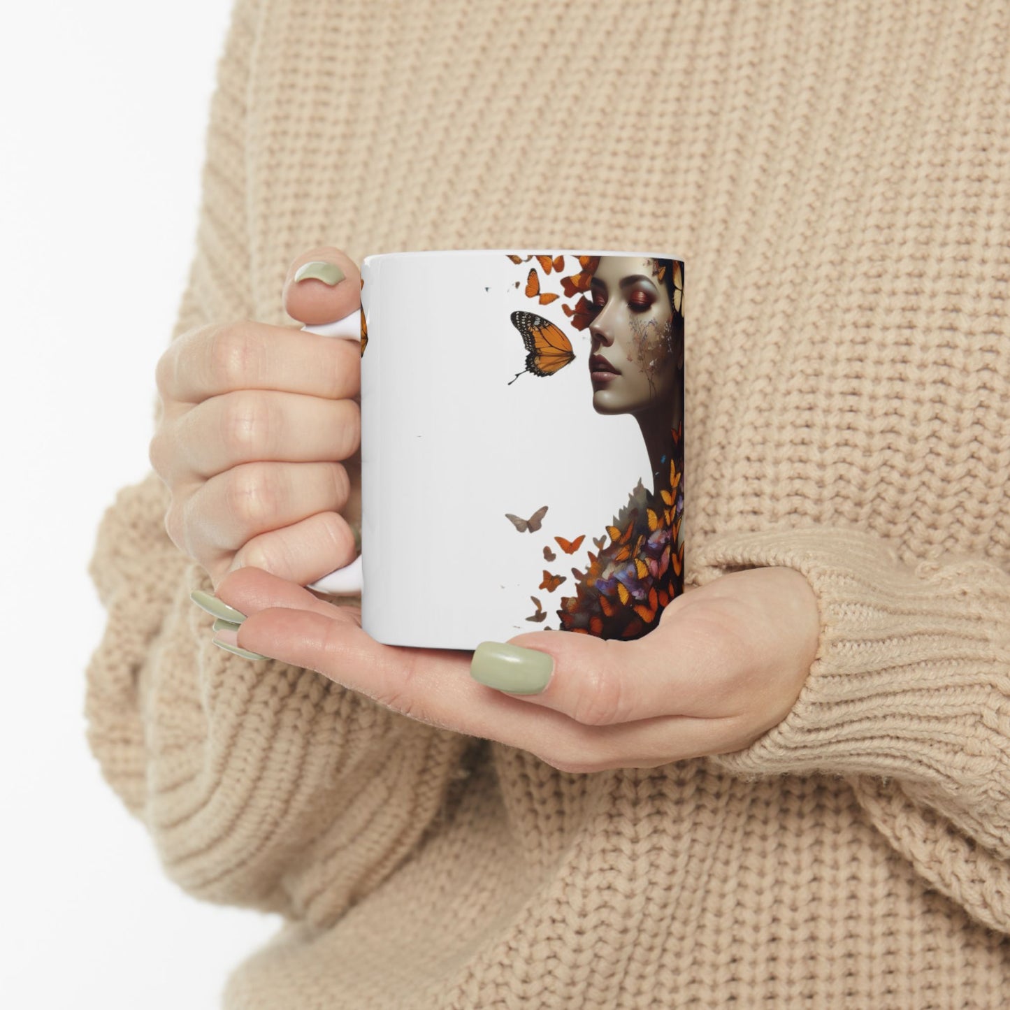 Butterfly Embrace Woman Ceramic Mug | Unique Gift for Nature Lovers, Inspirational Coffee Cup, Home Decor, Animal Art, Beautiful Butterfly Design