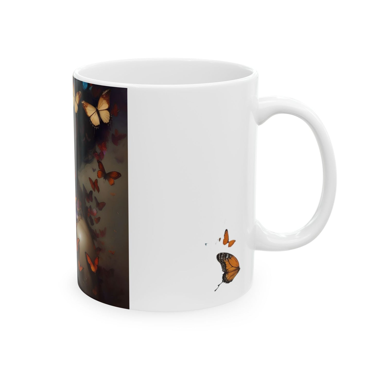 Butterfly Embrace Woman Ceramic Mug | Unique Gift for Nature Lovers, Inspirational Coffee Cup, Home Decor, Animal Art, Beautiful Butterfly Design
