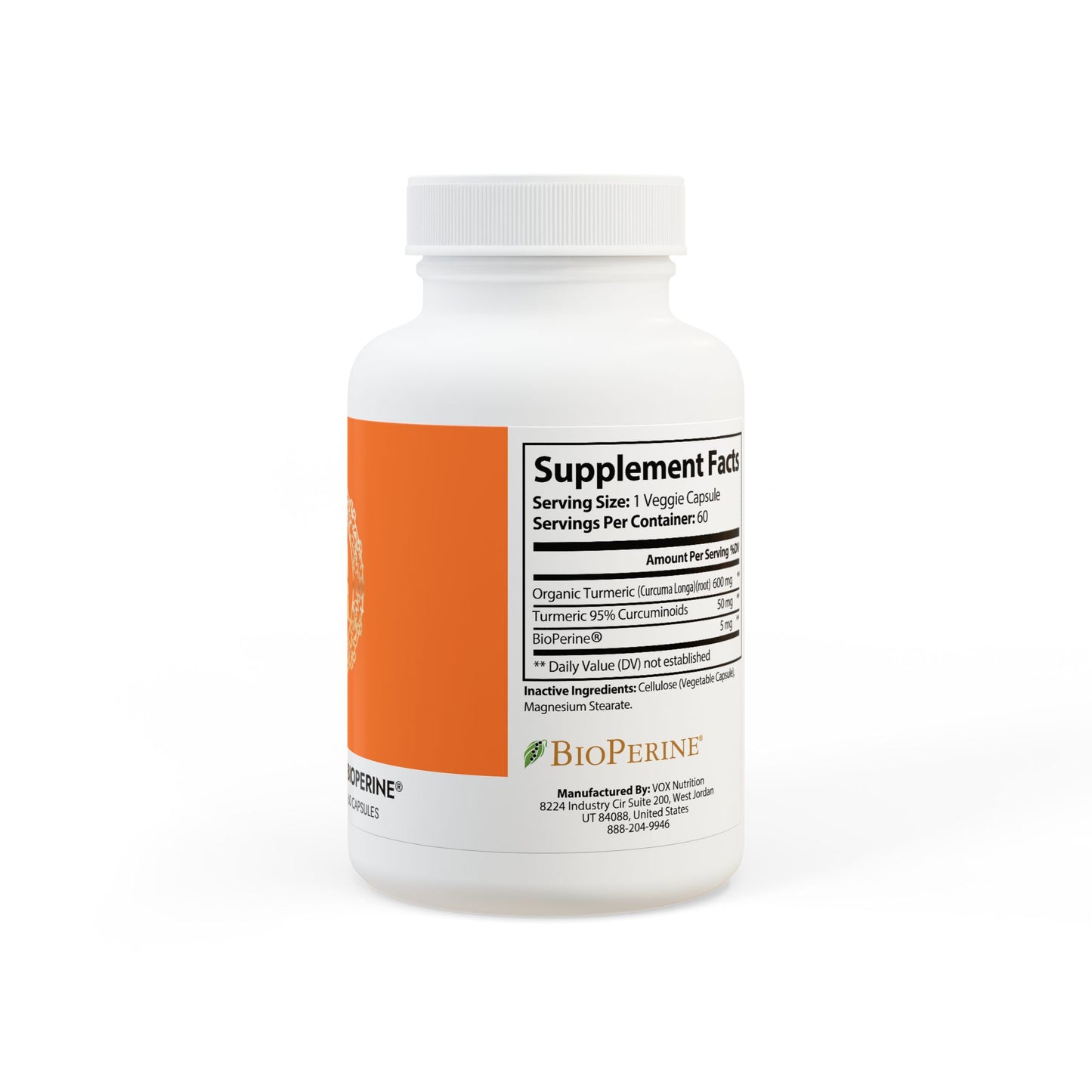 Organic Turmeric with BioPerine® (Black Pepper Fruit Extract) VEGAN Supplement (60 Capsules)