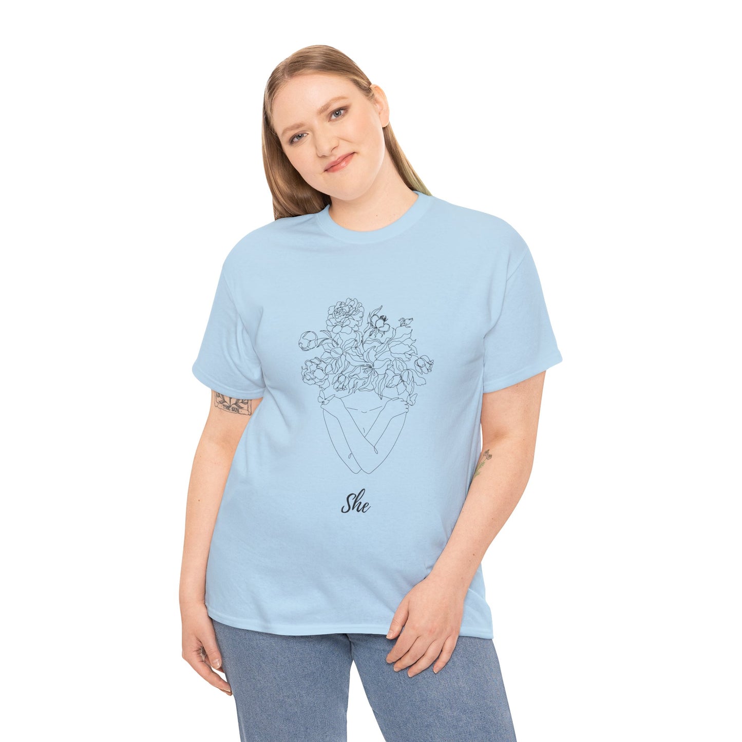 SHE Floral Love Unisex Heavy Cotton Tee, Casual T-Shirt, Gift for Her, Summer Fashion, Relaxed Fit Tee