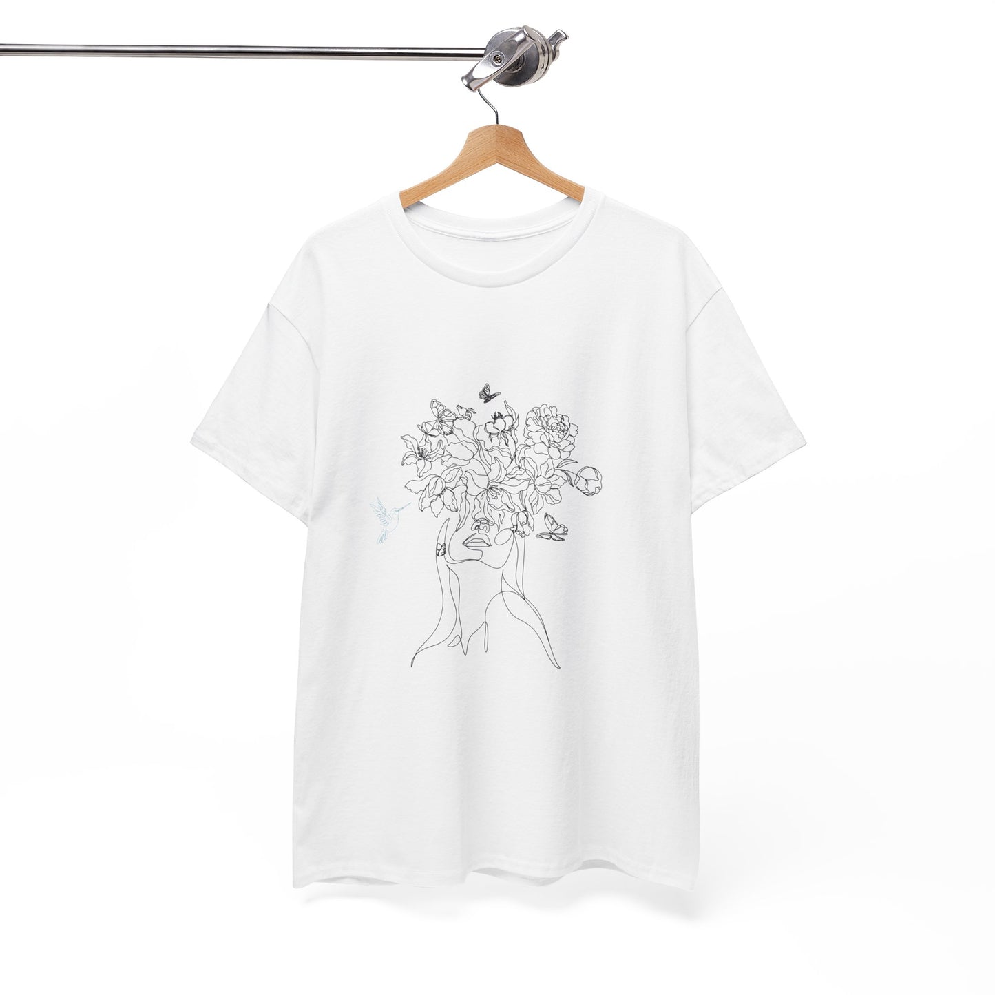 Floral Art Sketch Woman Flowers Hummingbird Unisex Heavy Cotton Tee - Beautiful Gift for Her, Everyday Comfort, Spring Style, Unique Graphic Shirt