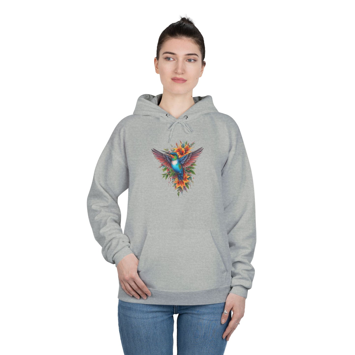 Vibrant Hummingbird Hoodie, Eco-Friendly Pullover, Perfect Gift for Nature Lovers, Spring Fashion, Unique Floral Design