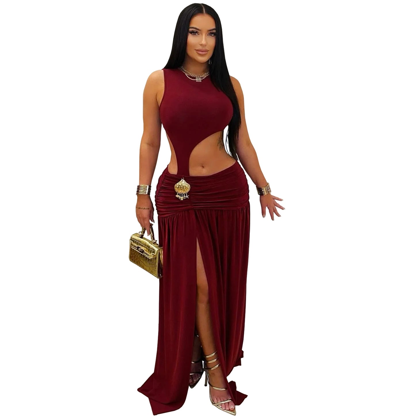 Fashion Women's Sexy Solid Color Sleeveless Crop Open Fork Dress