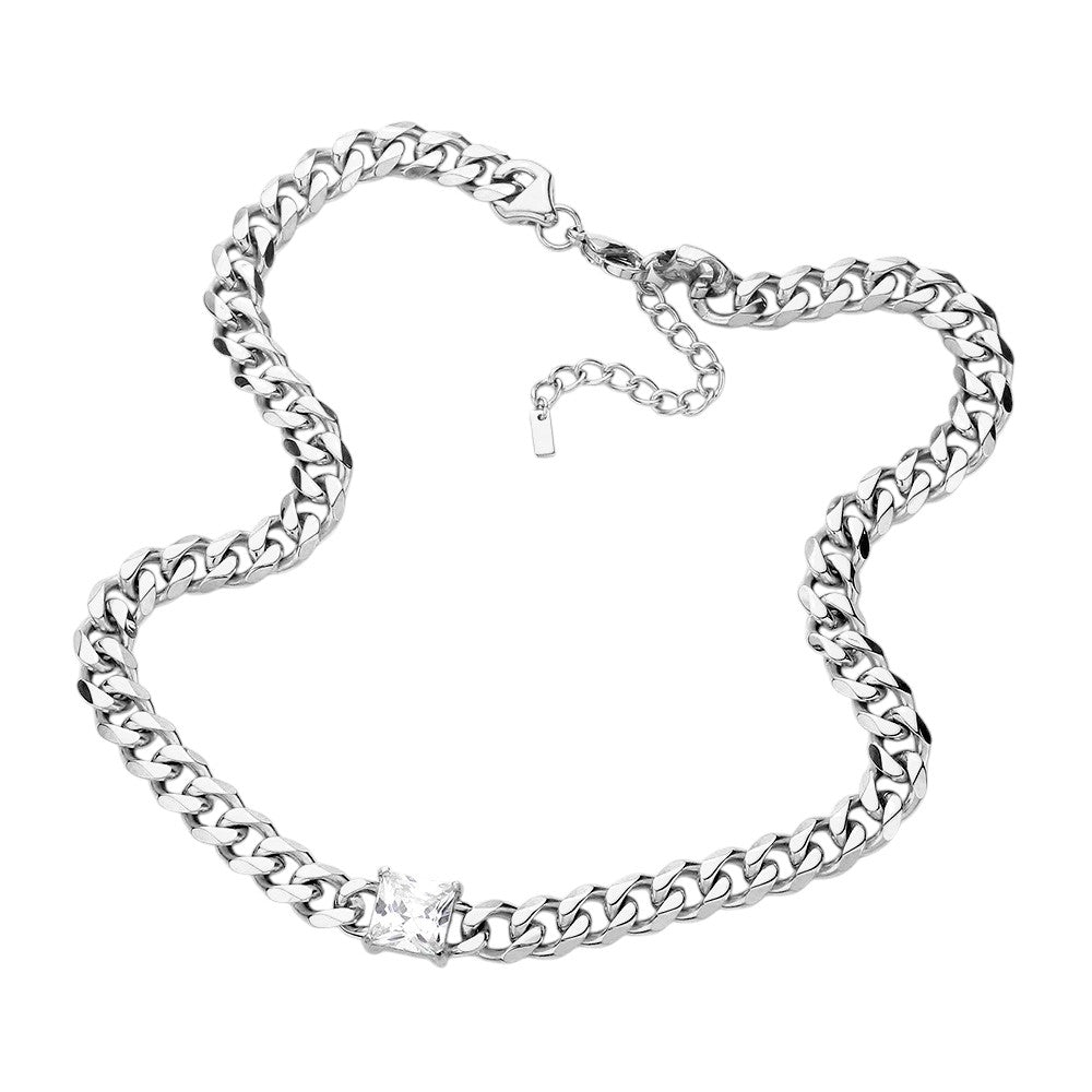 18K Gold Dipped Stainless Steel CZ Square Stone Necklace
